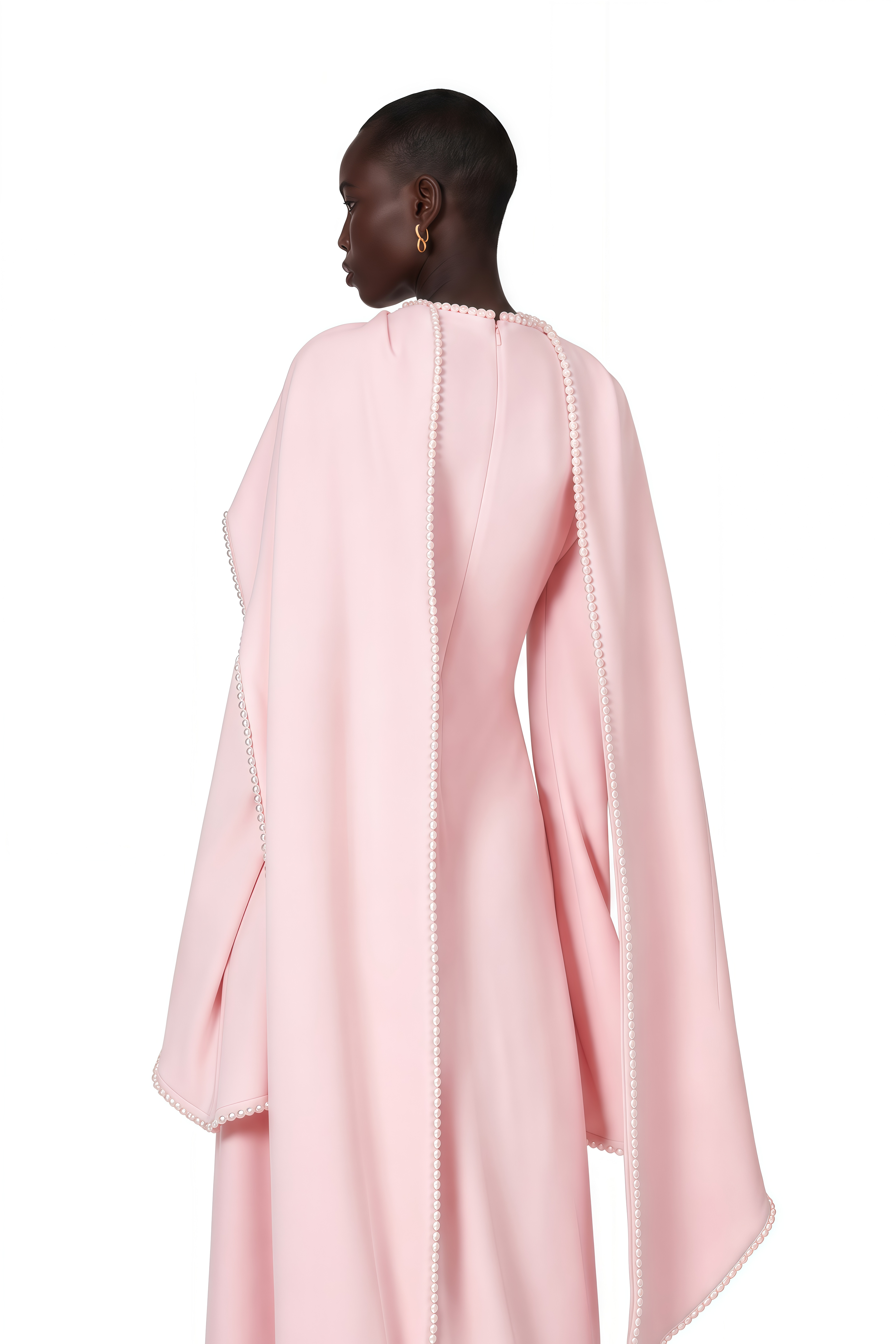 Pale pink long-sleeve maxi dress with a matching beaded cape overlay