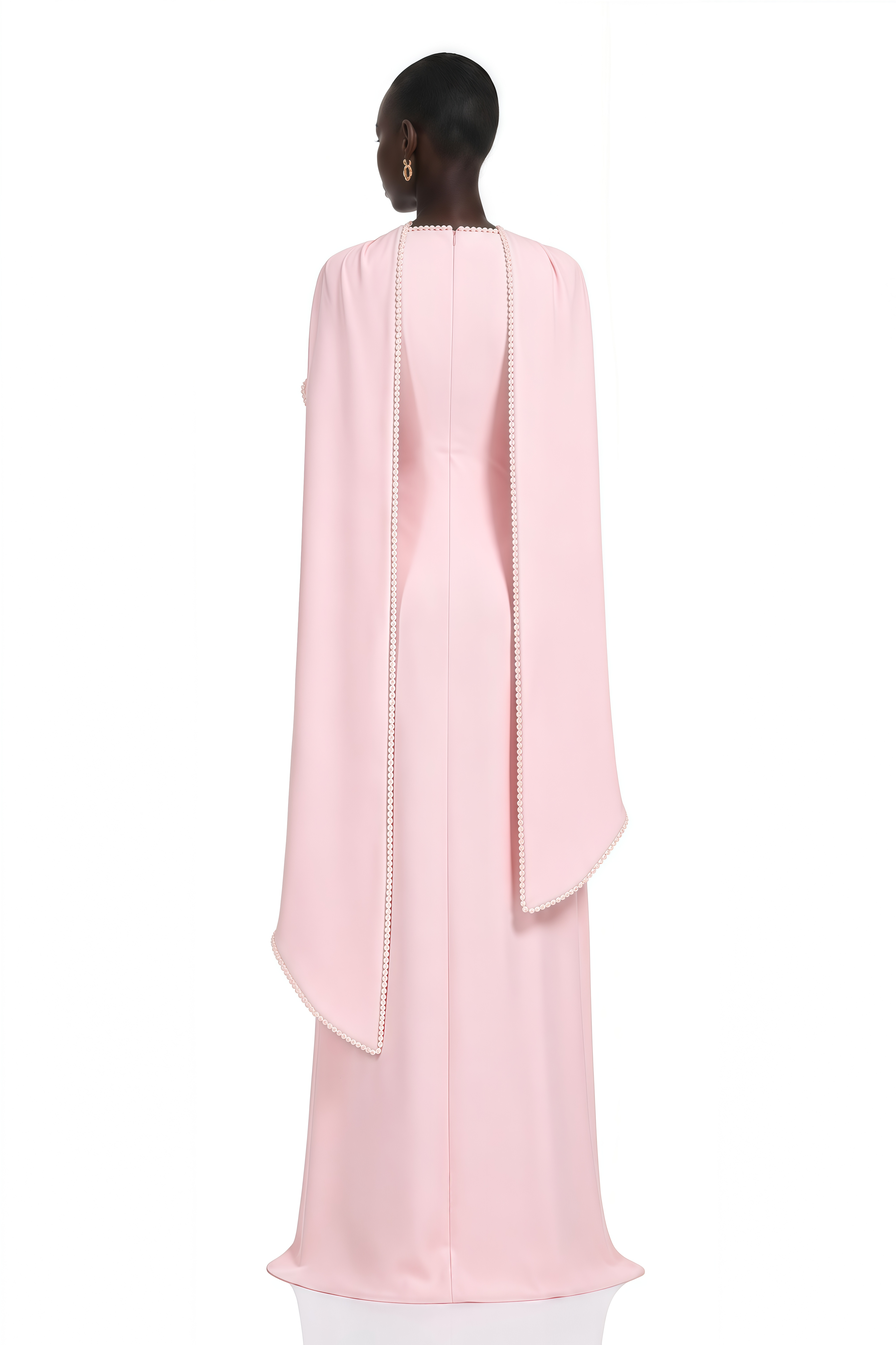 Pale pink long-sleeve maxi dress with a matching beaded cape overlay