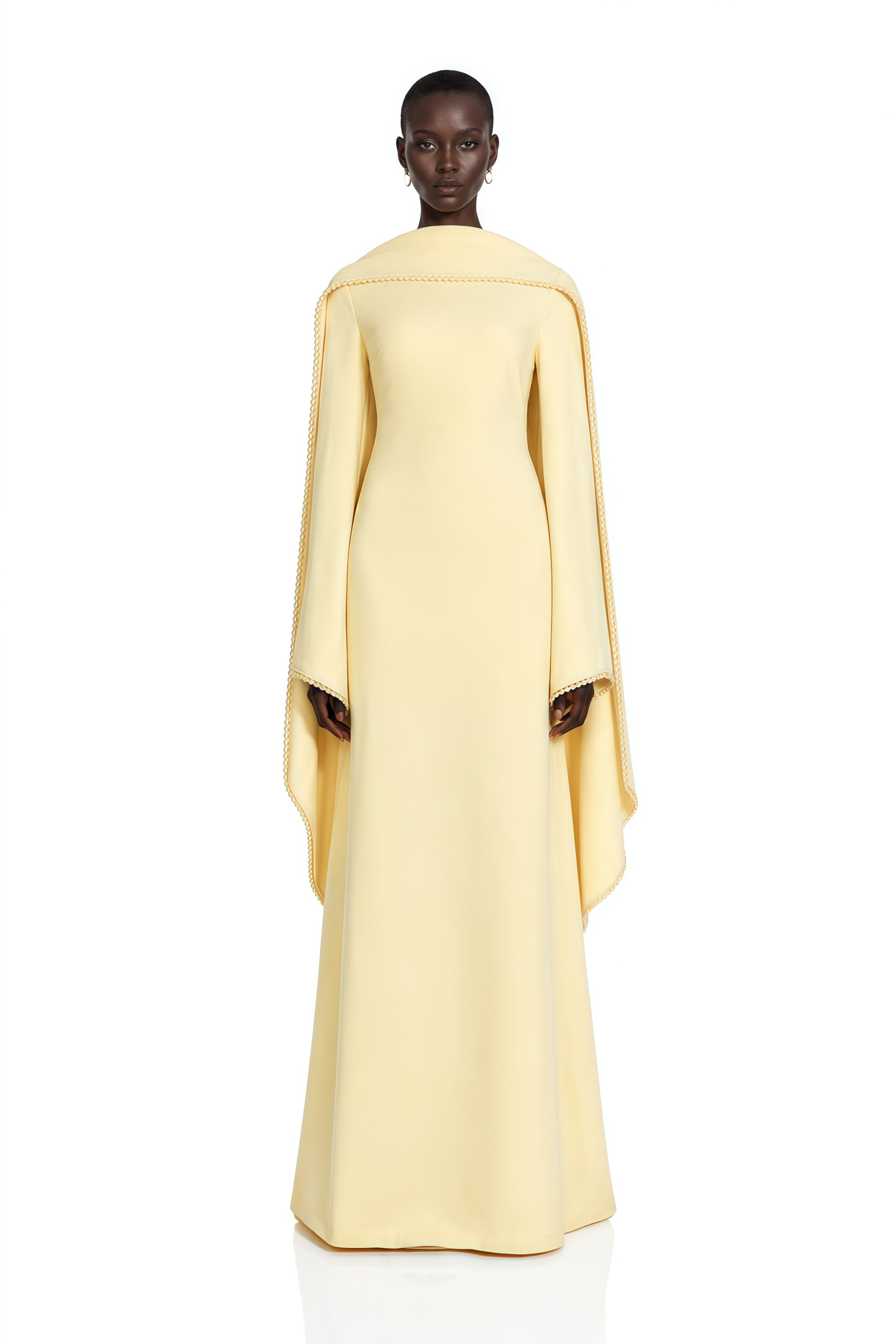 Light yellow long-sleeve maxi dress with a matching beaded cape overlay