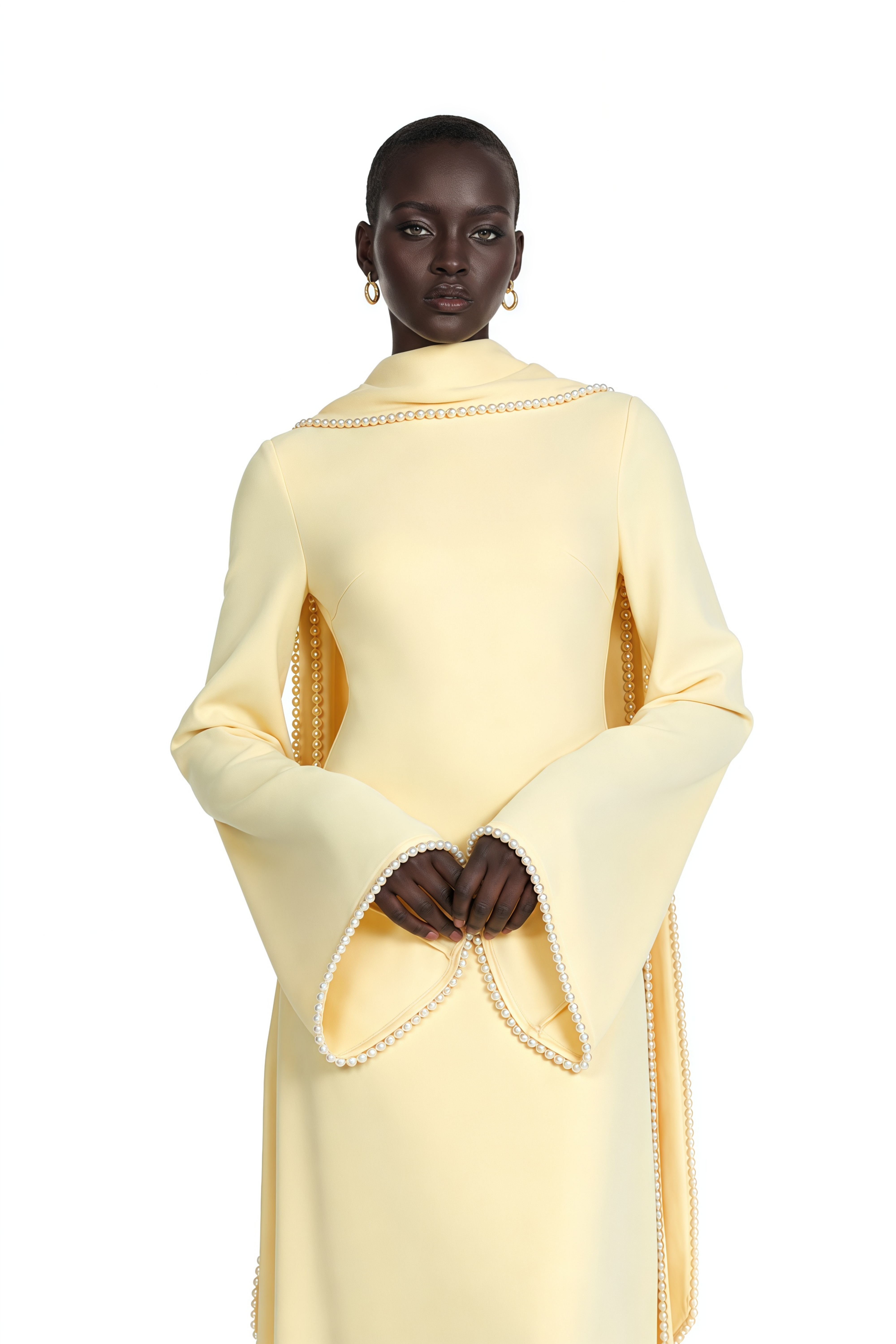 Light yellow long-sleeve maxi dress with a matching beaded cape overlay