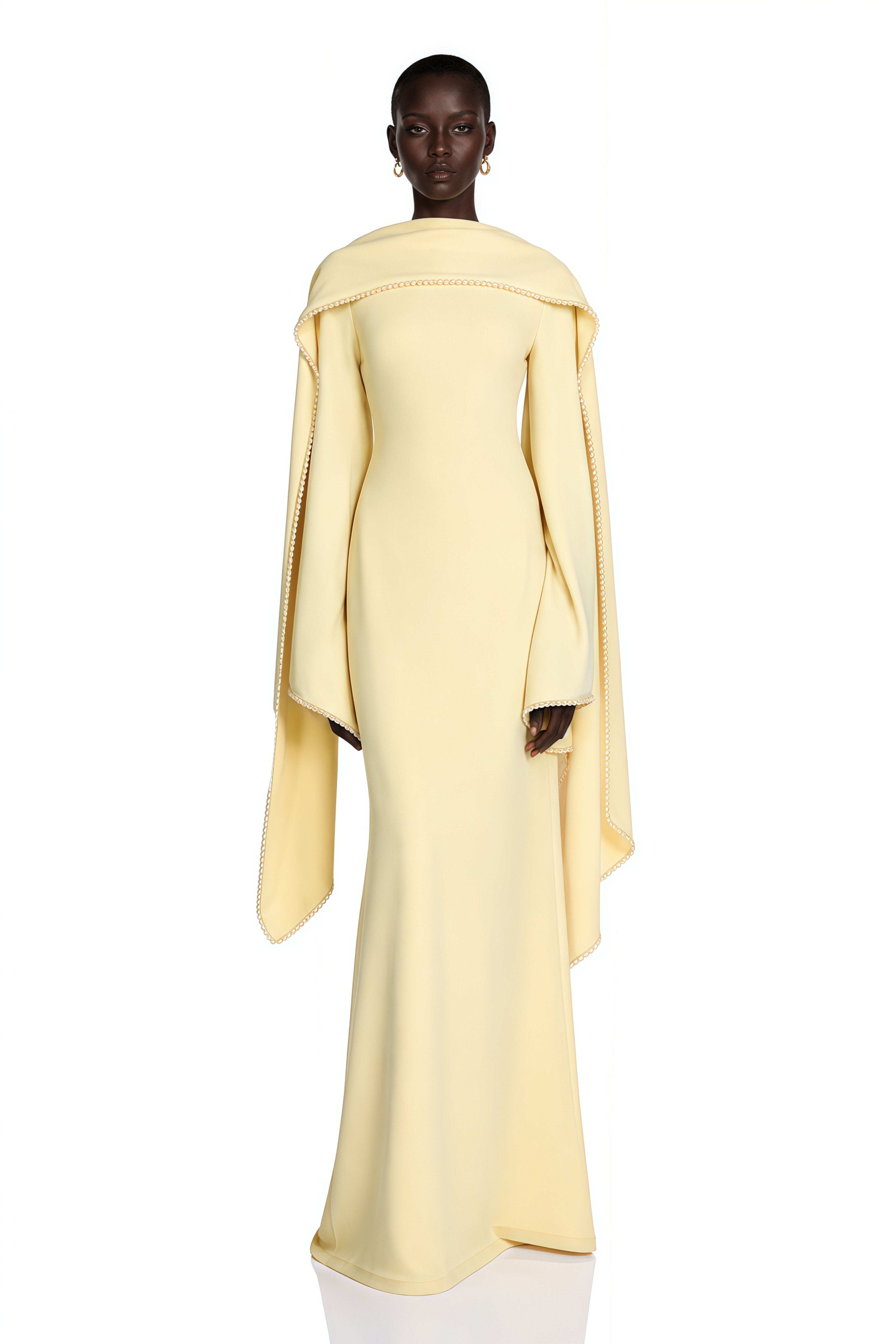 Light yellow long-sleeve maxi dress with a matching beaded cape overlay
