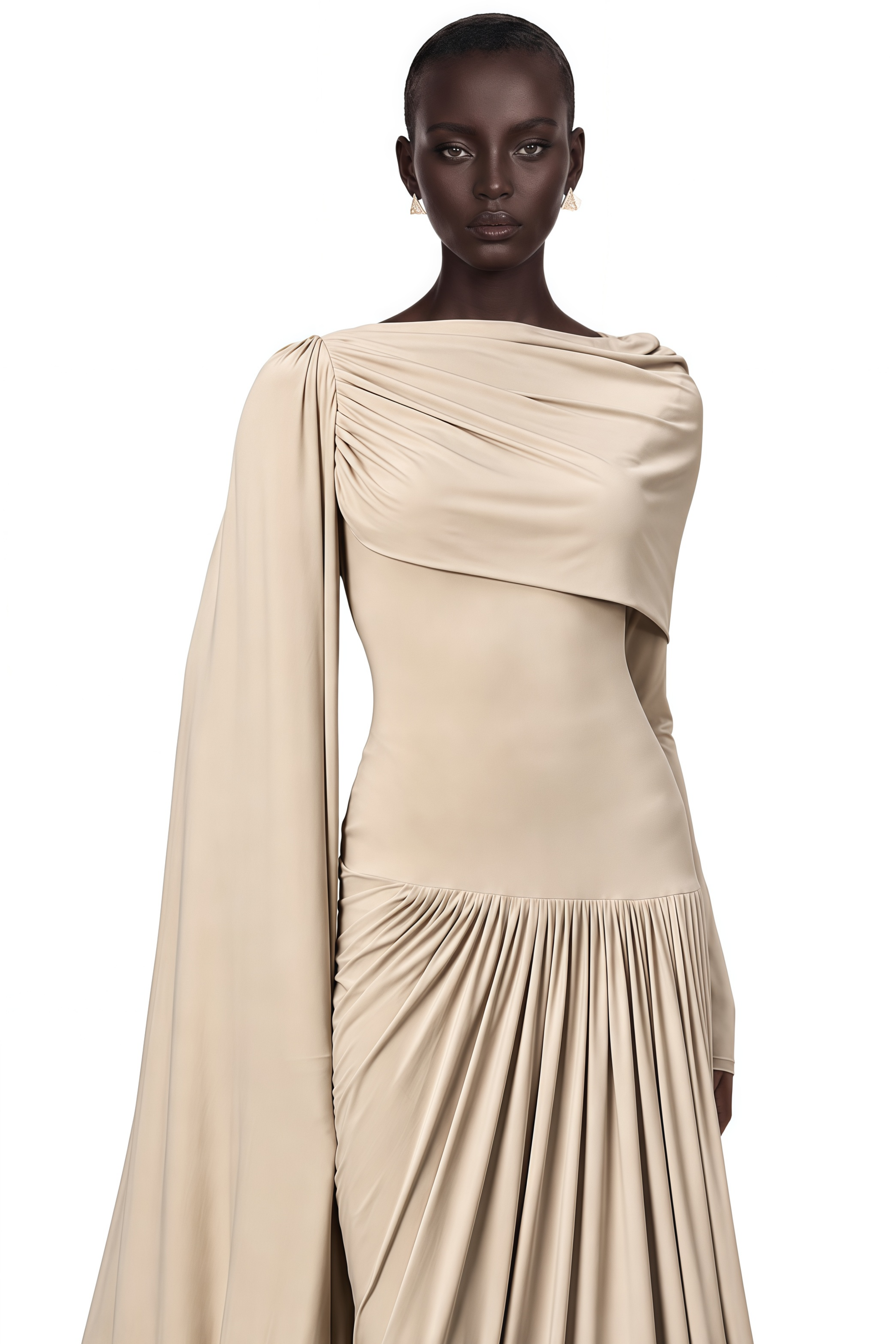 Beige long-sleeve maxi dress with a draped bodice and floor-length cape panel