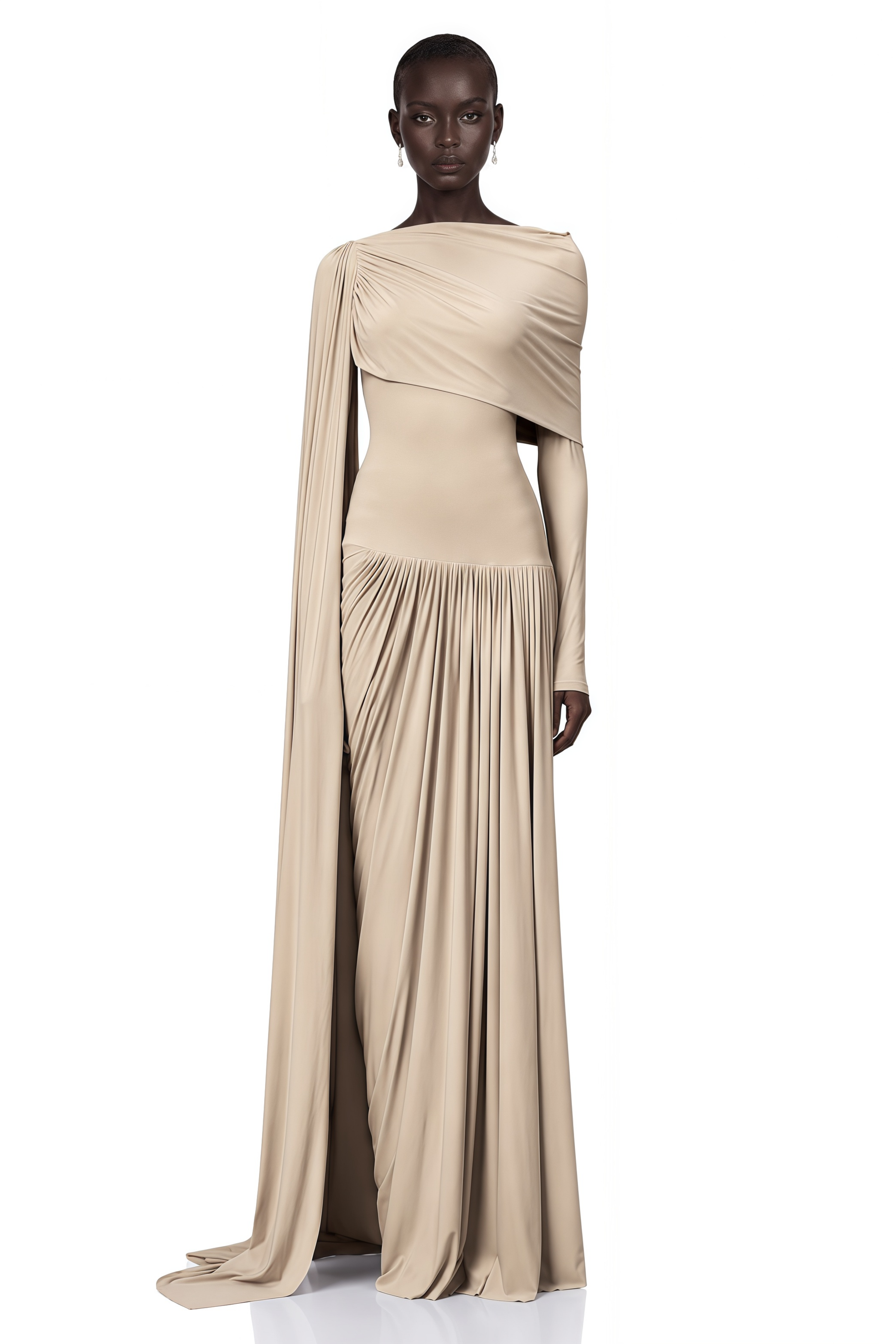 Beige long-sleeve maxi dress with a draped bodice and floor-length cape panel