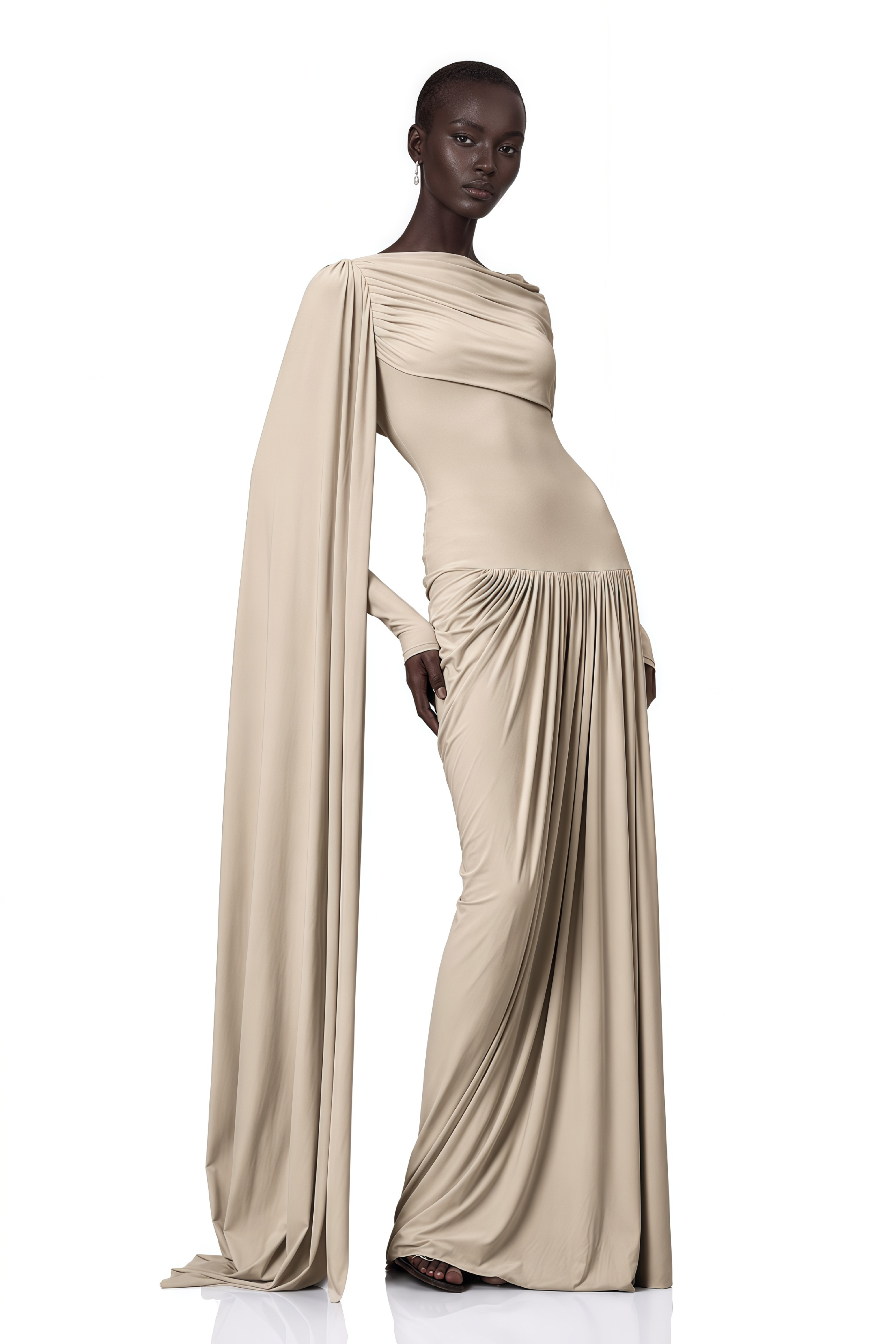 Beige long-sleeve maxi dress with a draped bodice and floor-length cape panel