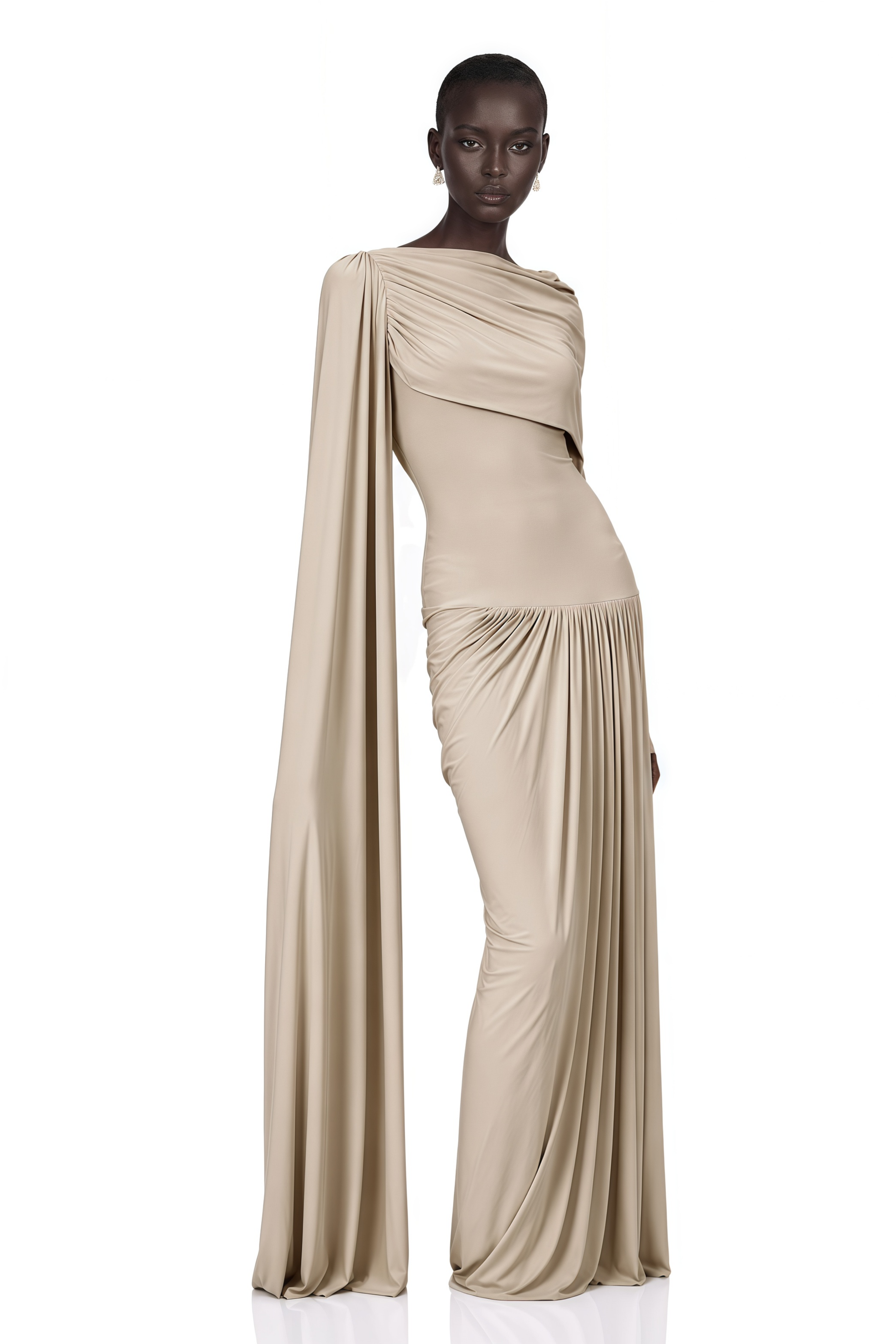 Beige long-sleeve maxi dress with a draped bodice and floor-length cape panel