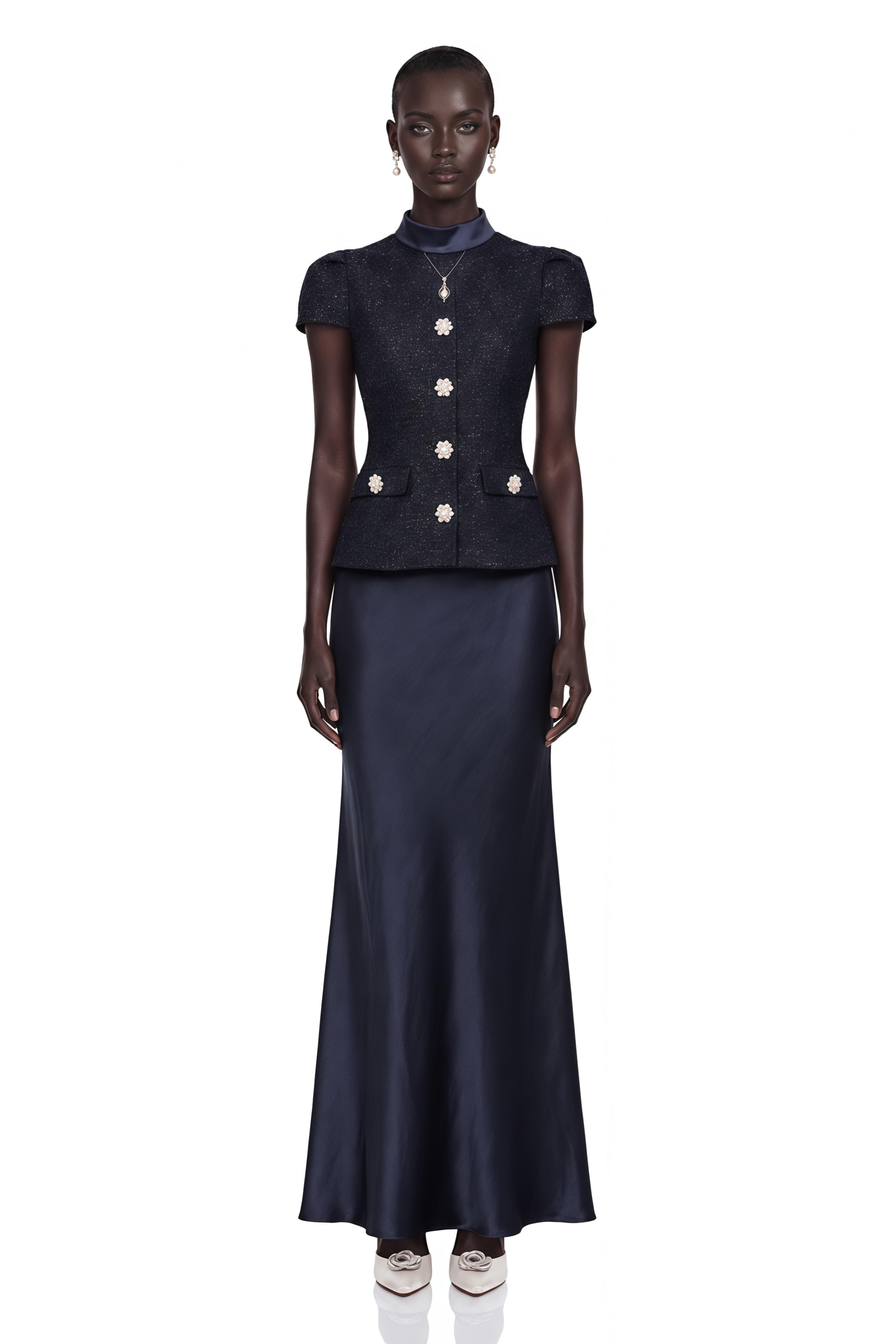 Navy blue short-sleeve maxi dress with a peplum jacket bodice and satin skirt