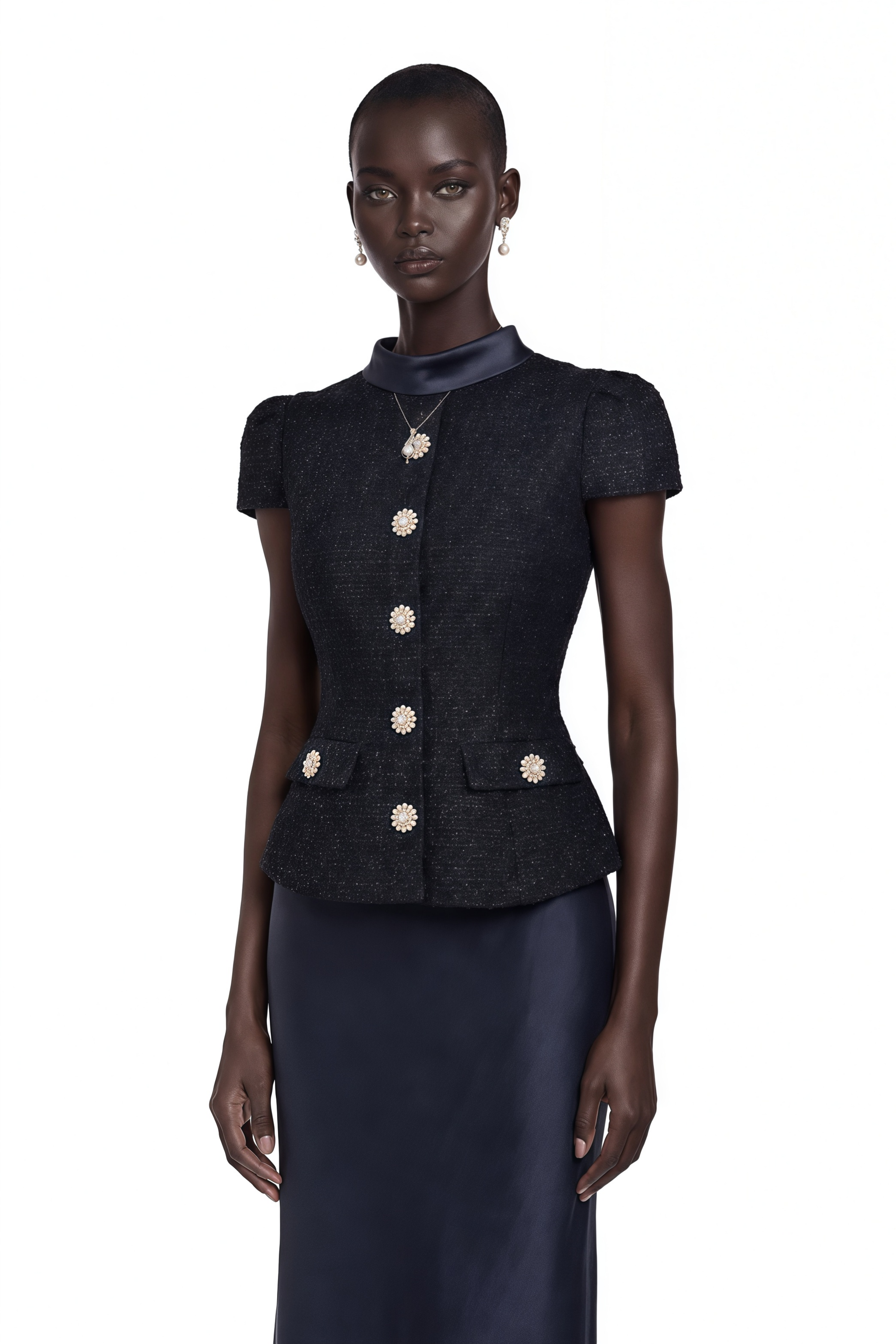 Navy blue short-sleeve maxi dress with a peplum jacket bodice and satin skirt