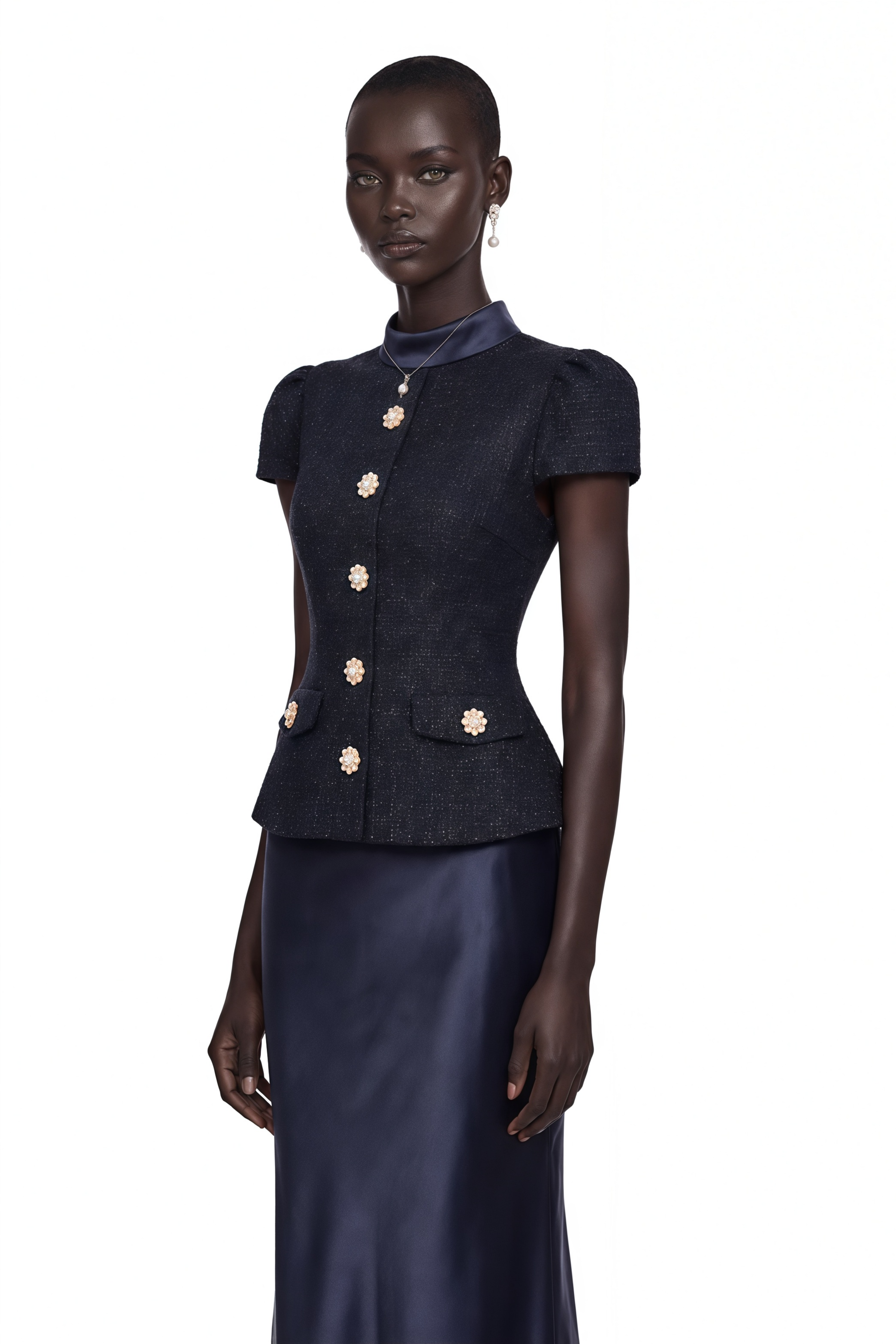 Navy blue short-sleeve maxi dress with a peplum jacket bodice and satin skirt