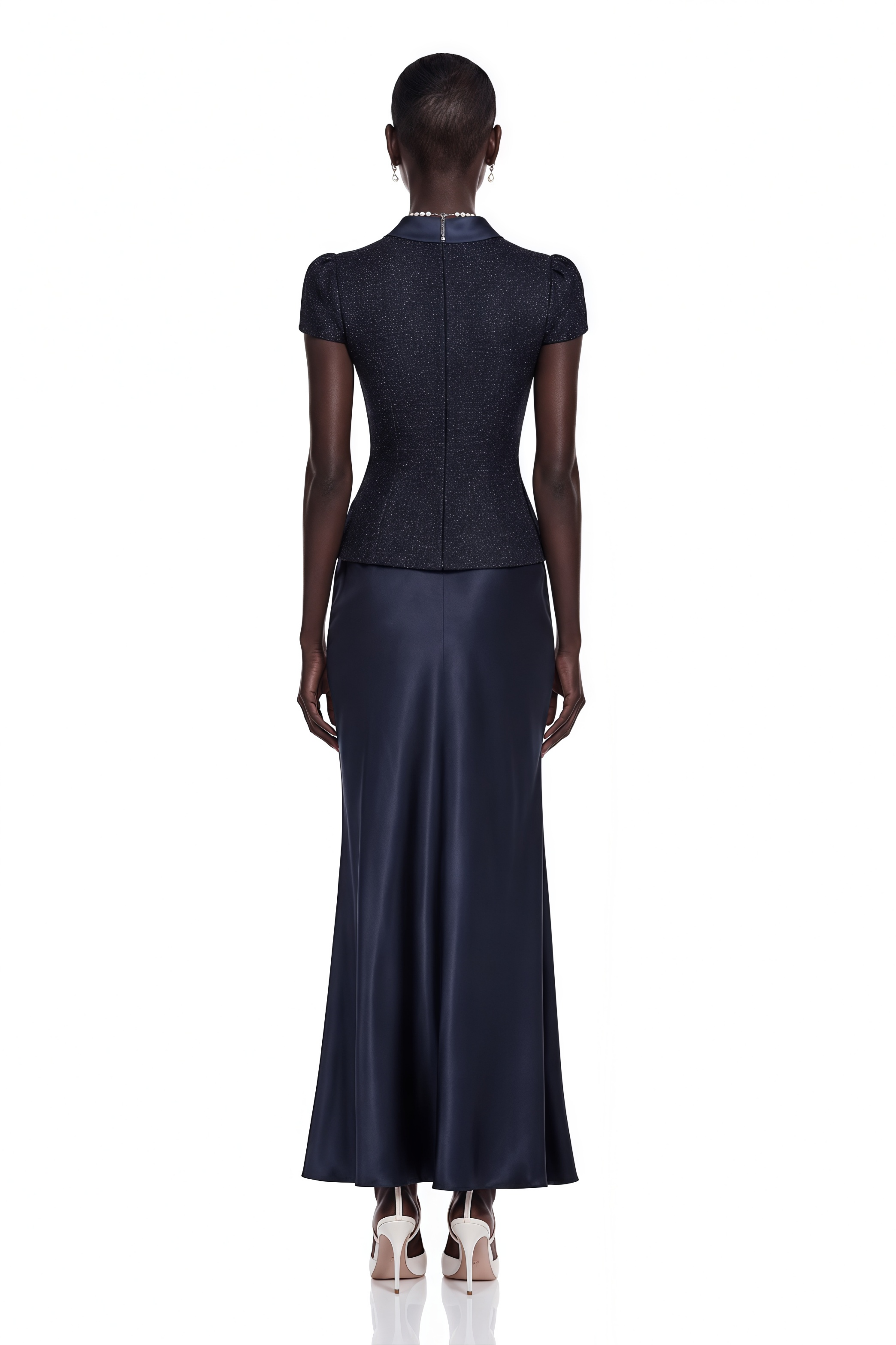 Navy blue short-sleeve maxi dress with a peplum jacket bodice and satin skirt