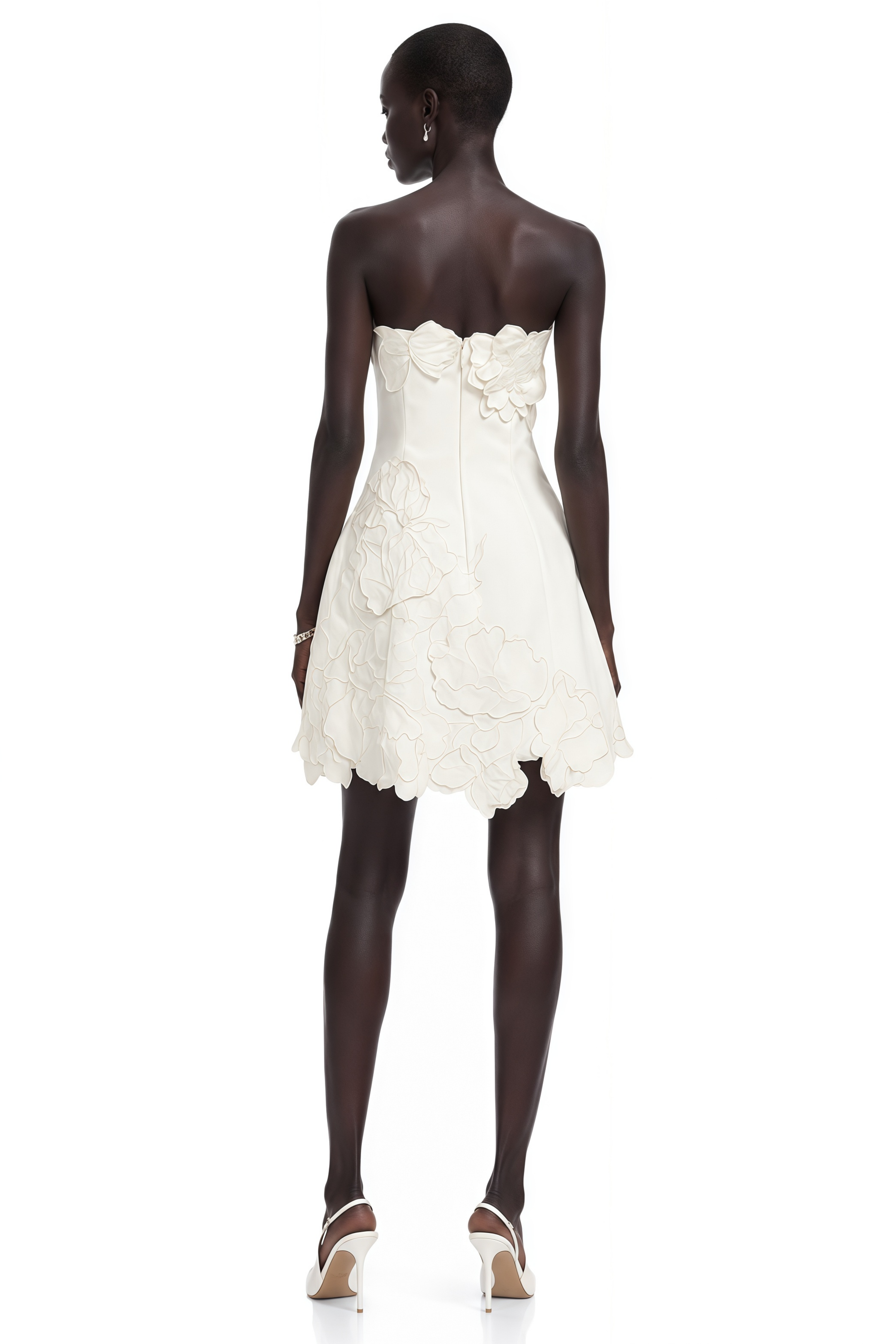 White strapless mini dress with 3D floral appliqués