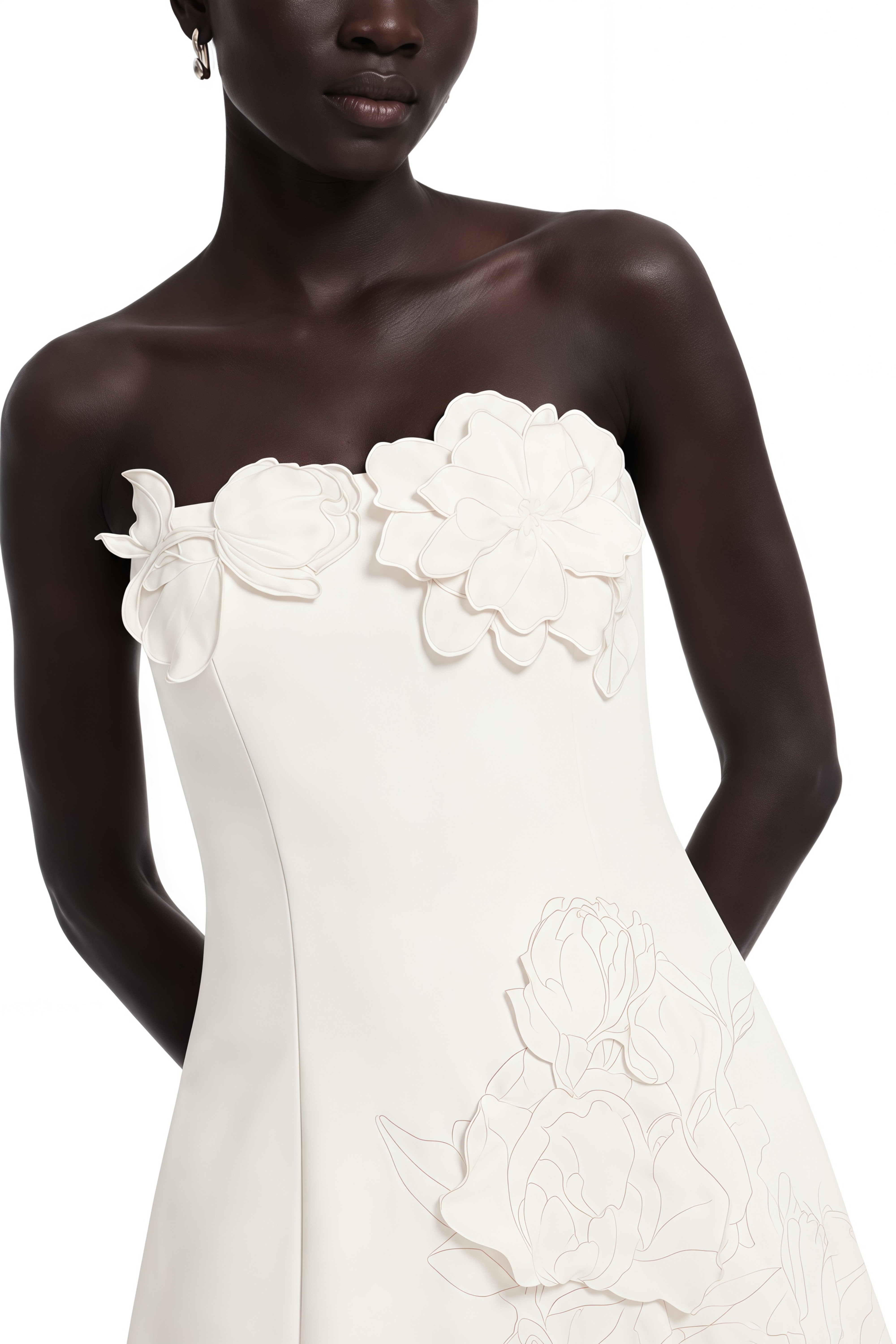 White strapless mini dress with 3D floral appliqués