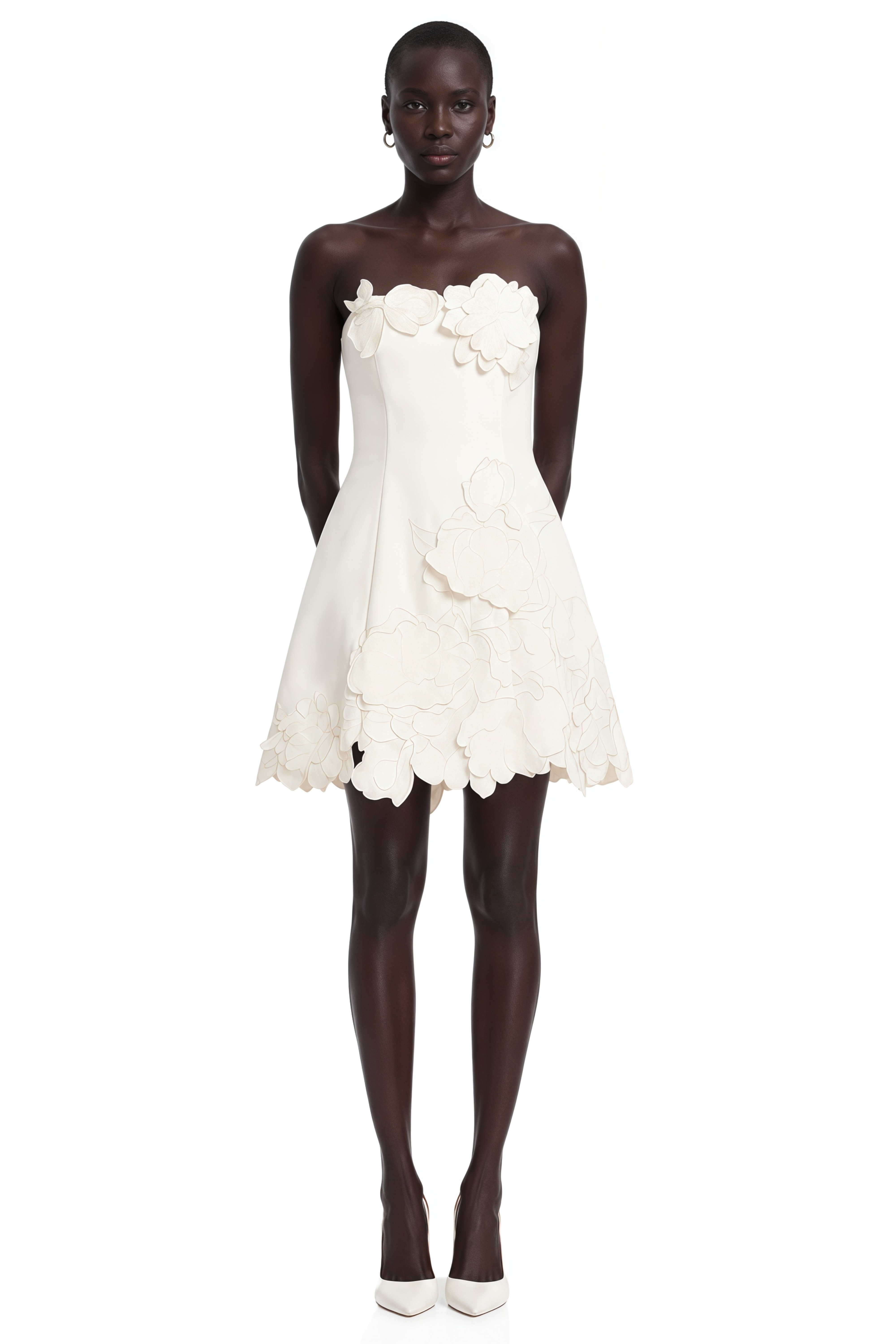 White strapless mini dress with 3D floral appliqués