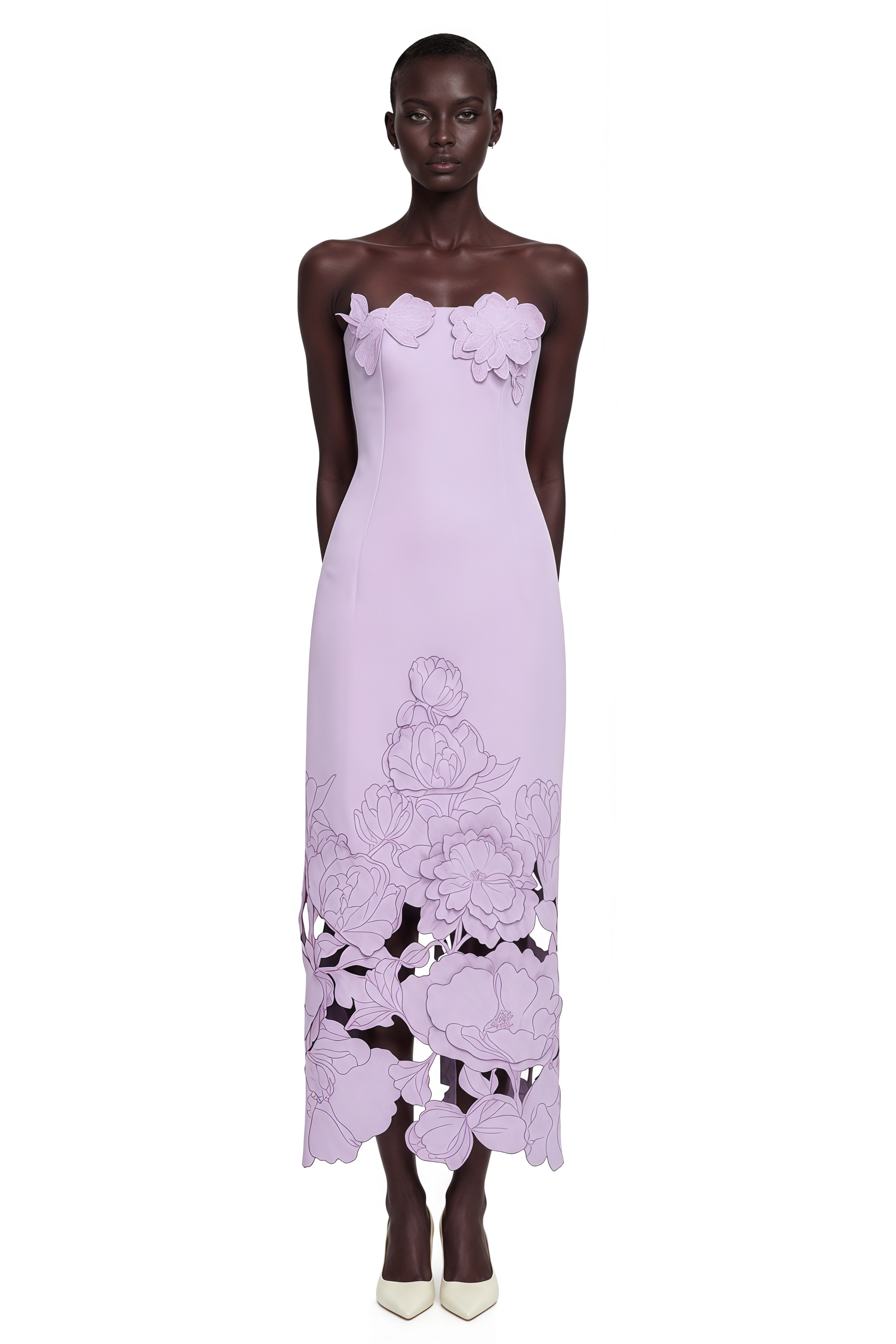 Lavender strapless midi dress with 3D floral appliqués and a cutout floral hem