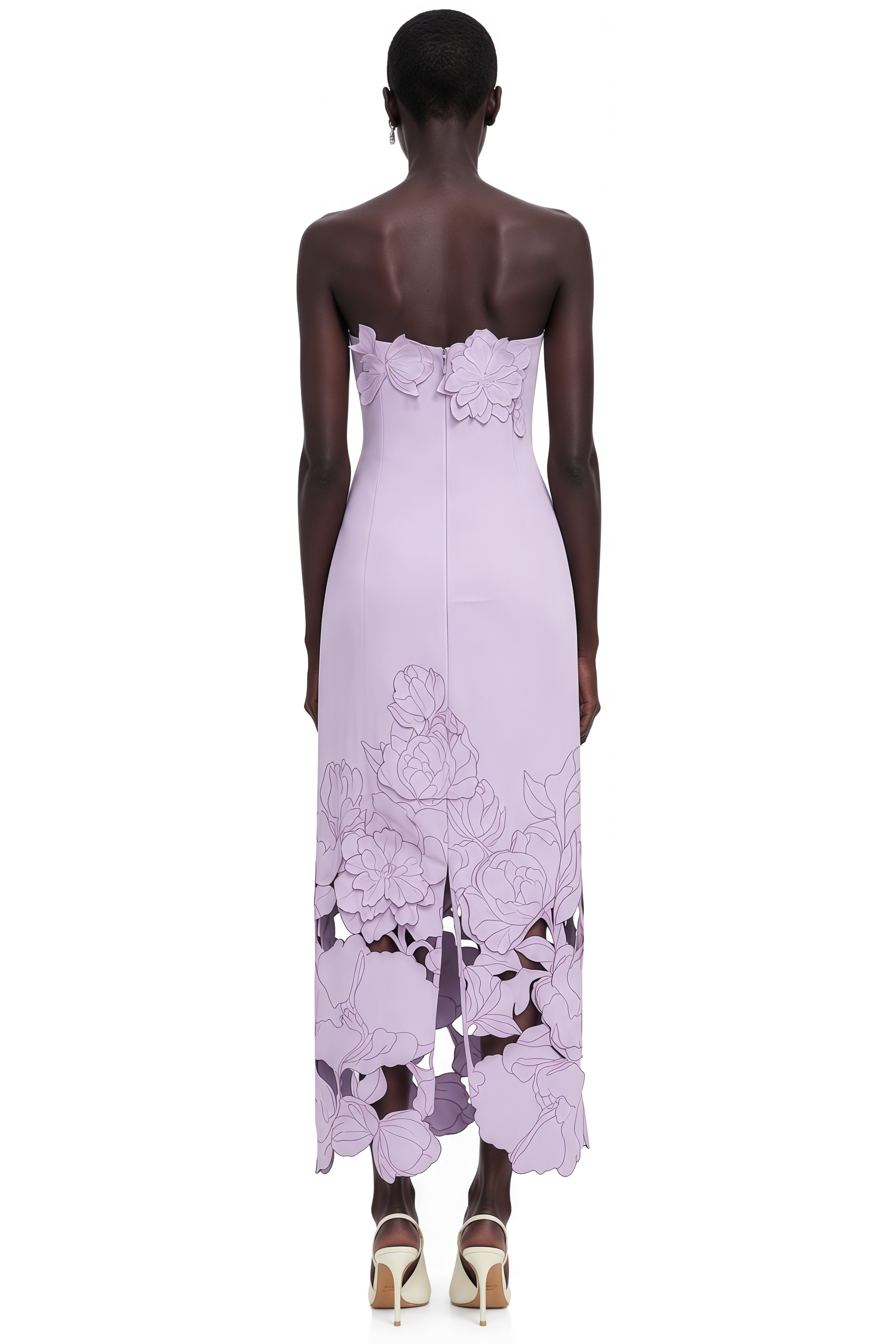Lavender strapless midi dress with 3D floral appliqués and a cutout floral hem