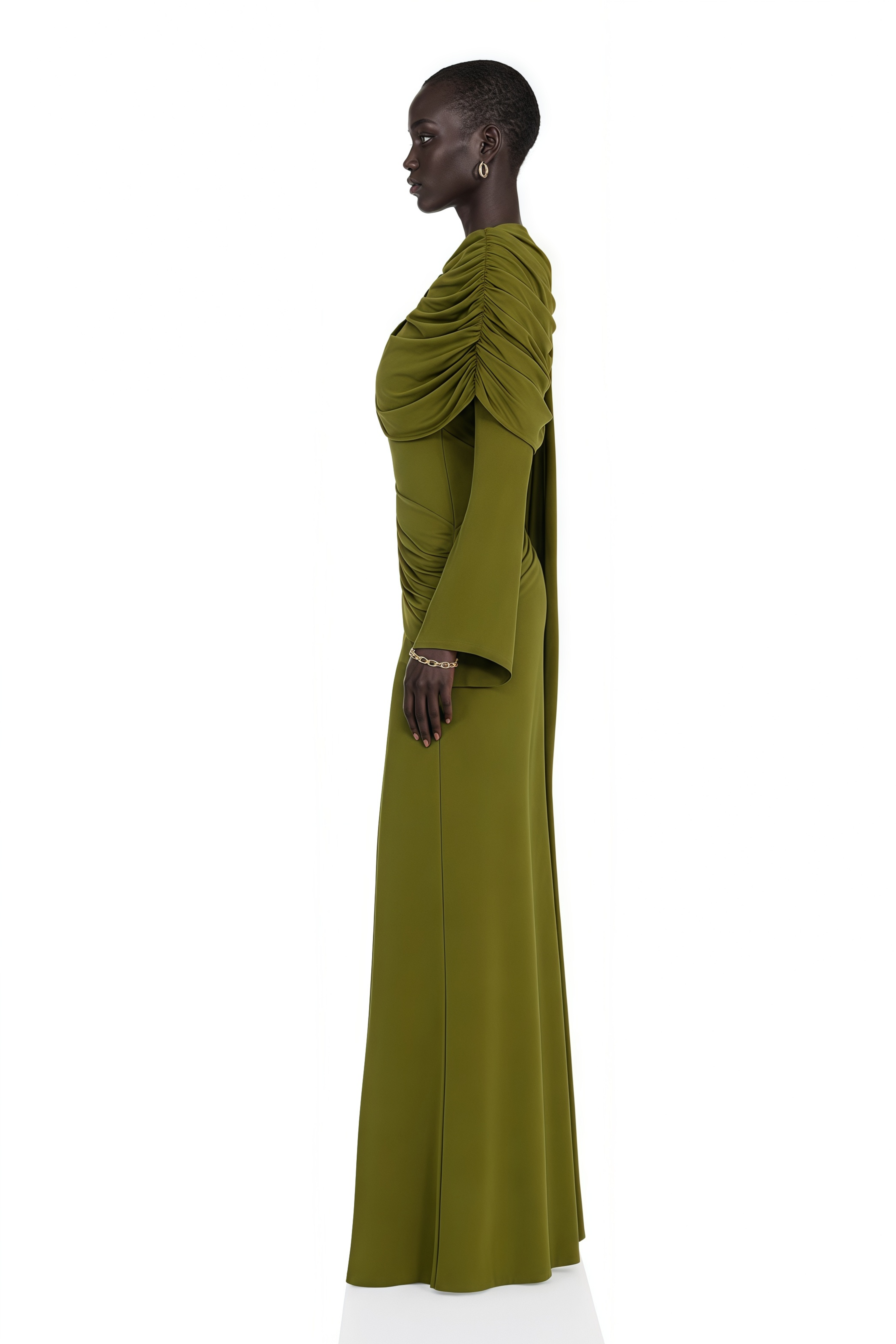 Olive green long-sleeve maxi dress with draped bodice and waist detailing