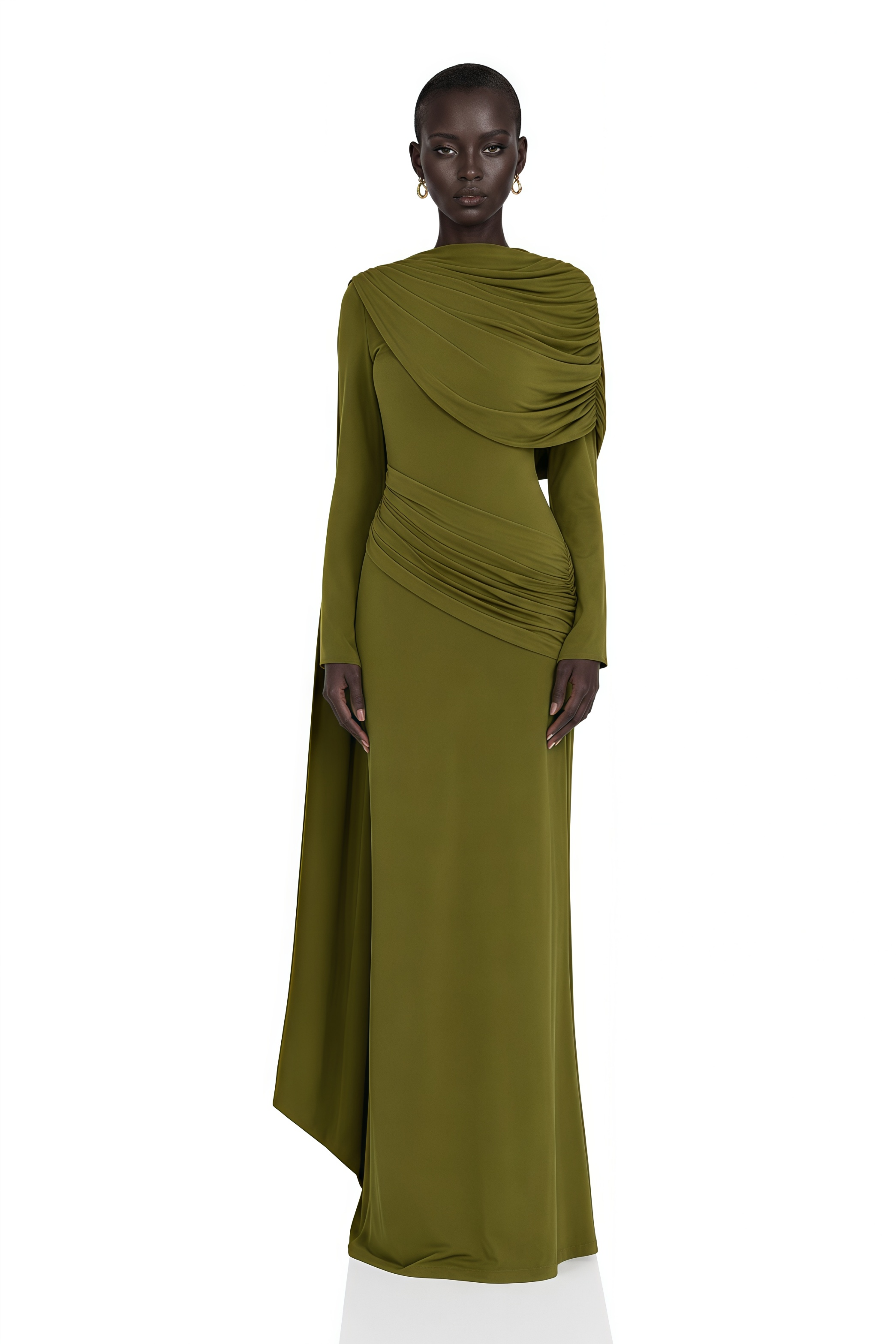 Olive green long-sleeve maxi dress with draped bodice and waist detailing