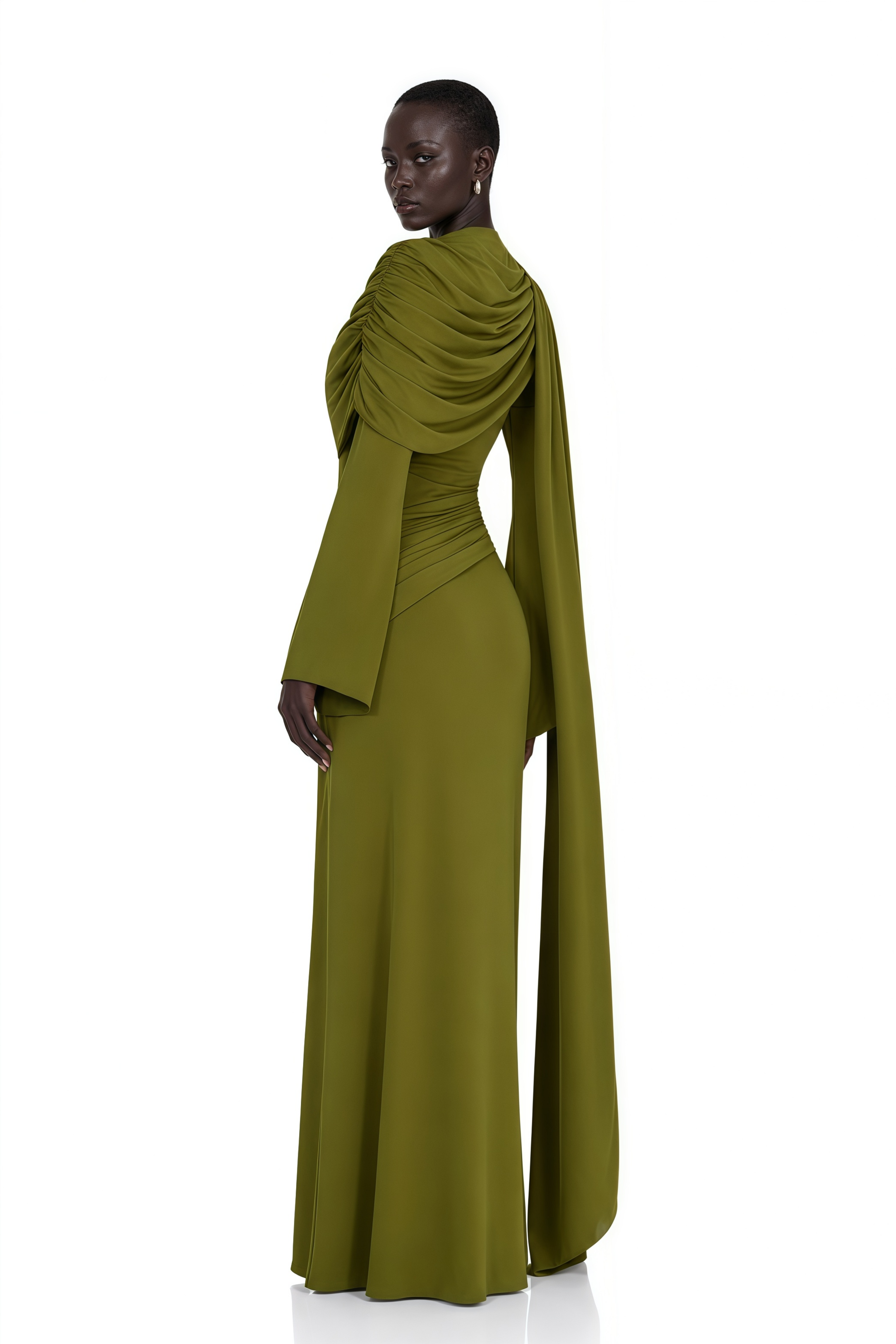 Olive green long-sleeve maxi dress with draped bodice and waist detailing