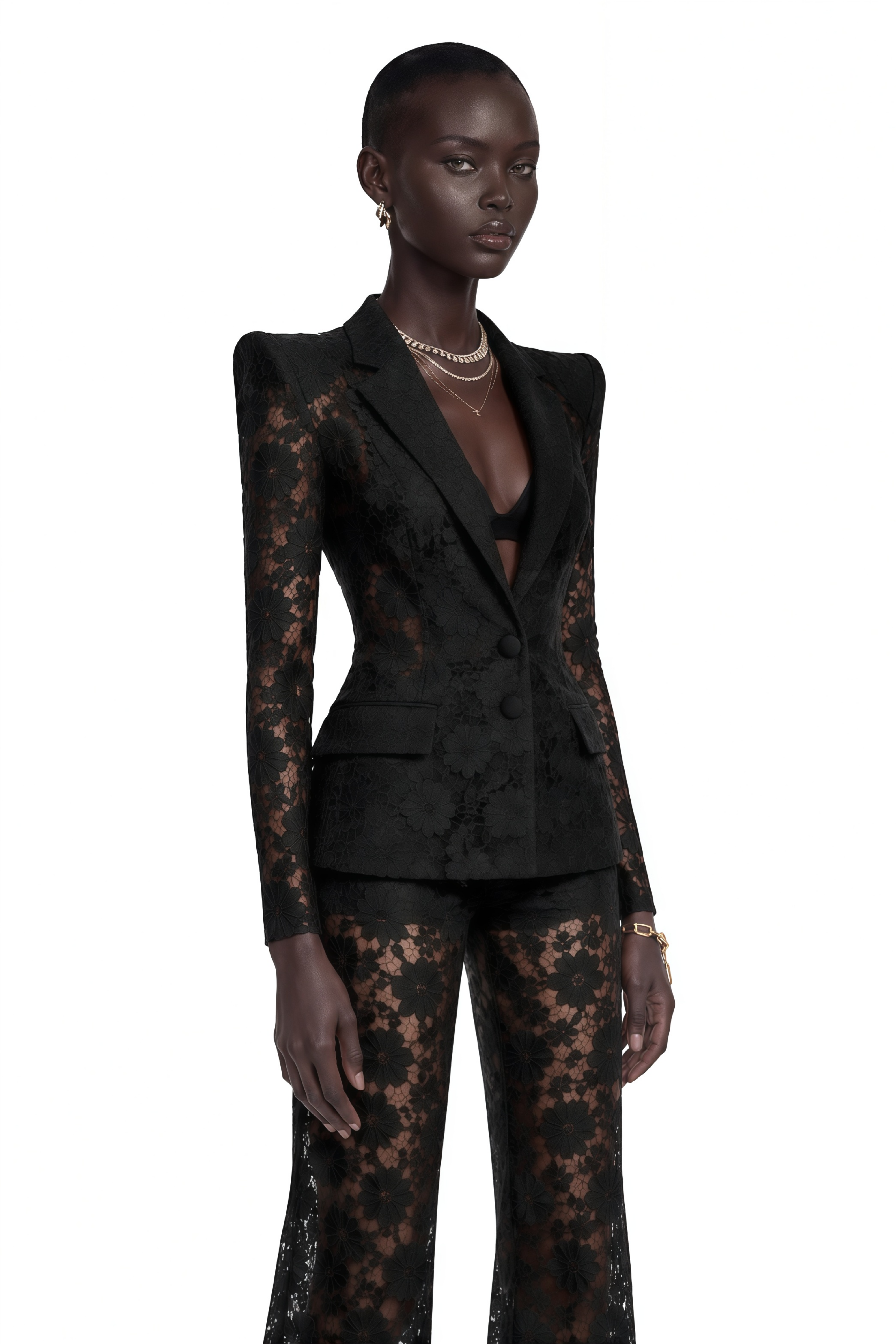 Black sheer floral lace pantsuit with structured shoulders
