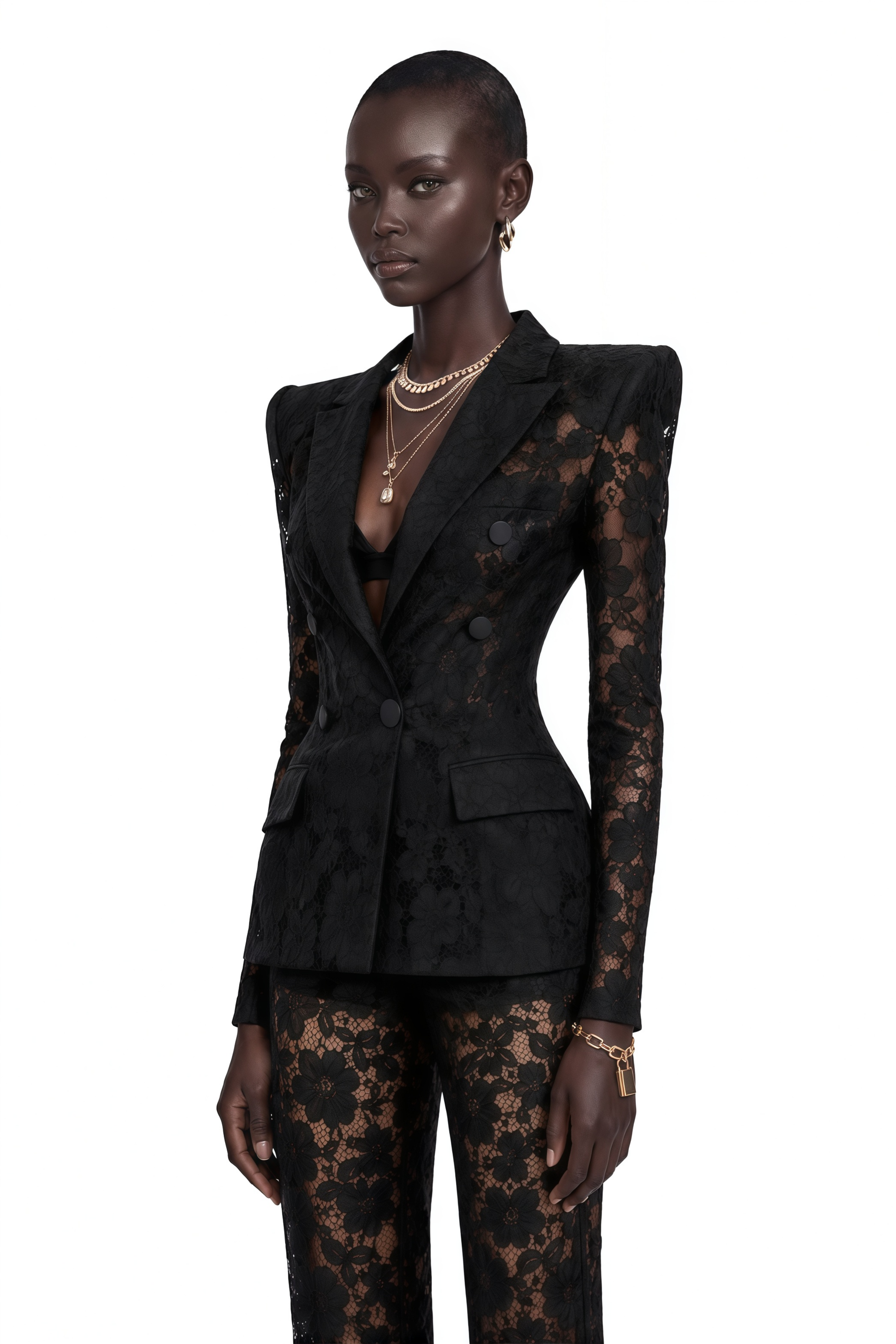 Black sheer floral lace pantsuit with structured shoulders
