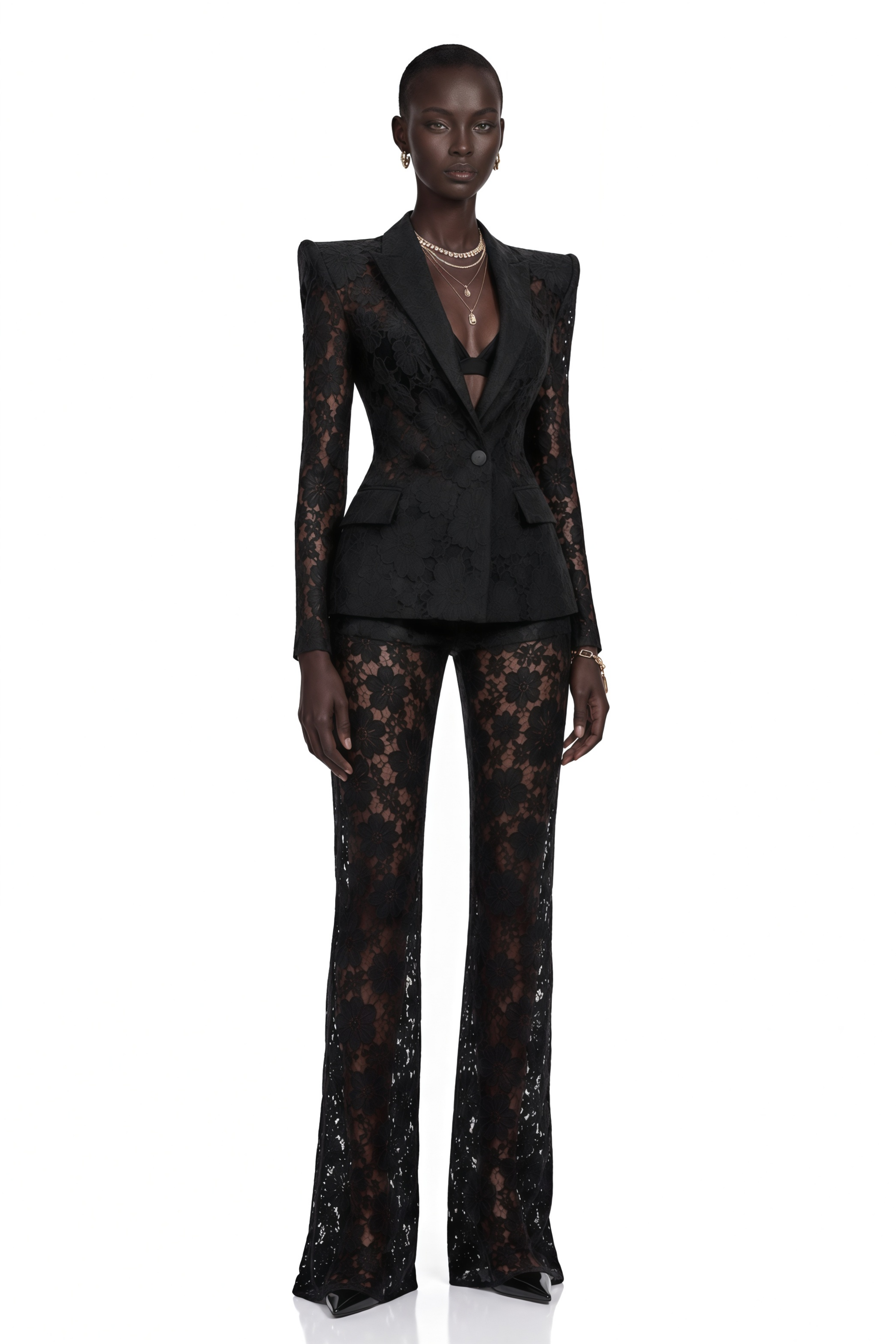 Black sheer floral lace pantsuit with structured shoulders