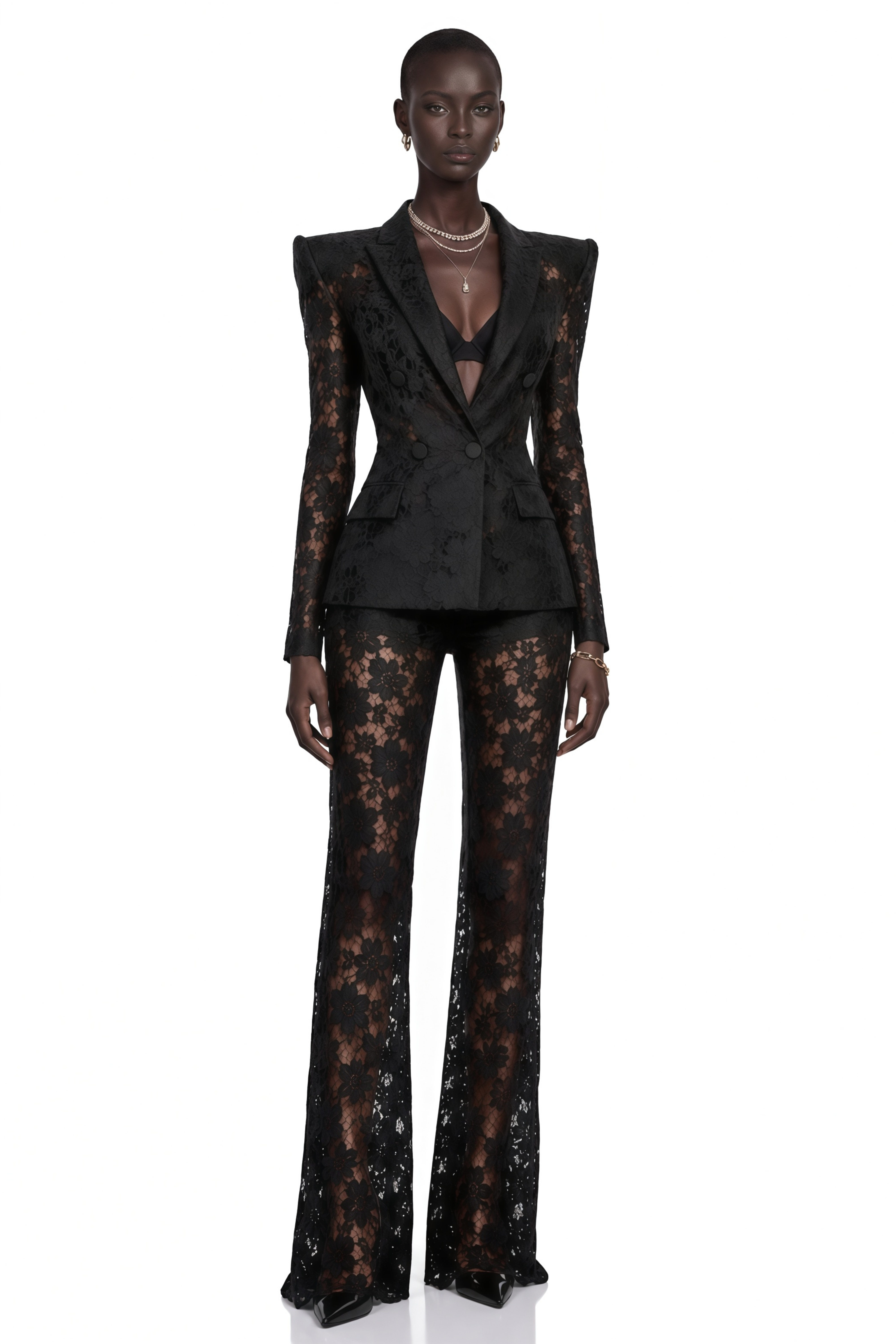 Black sheer floral lace pantsuit with structured shoulders