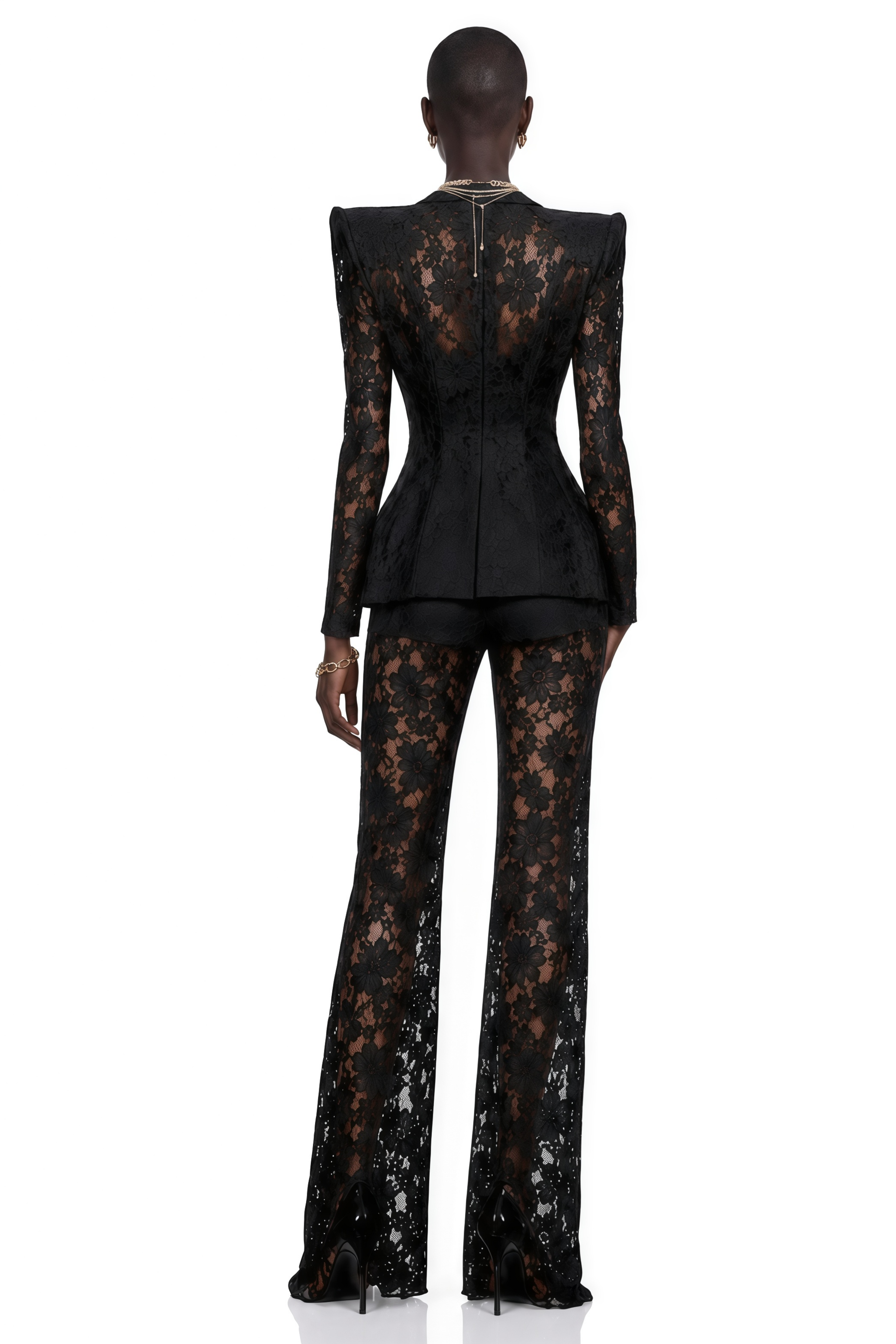 Black sheer floral lace pantsuit with structured shoulders