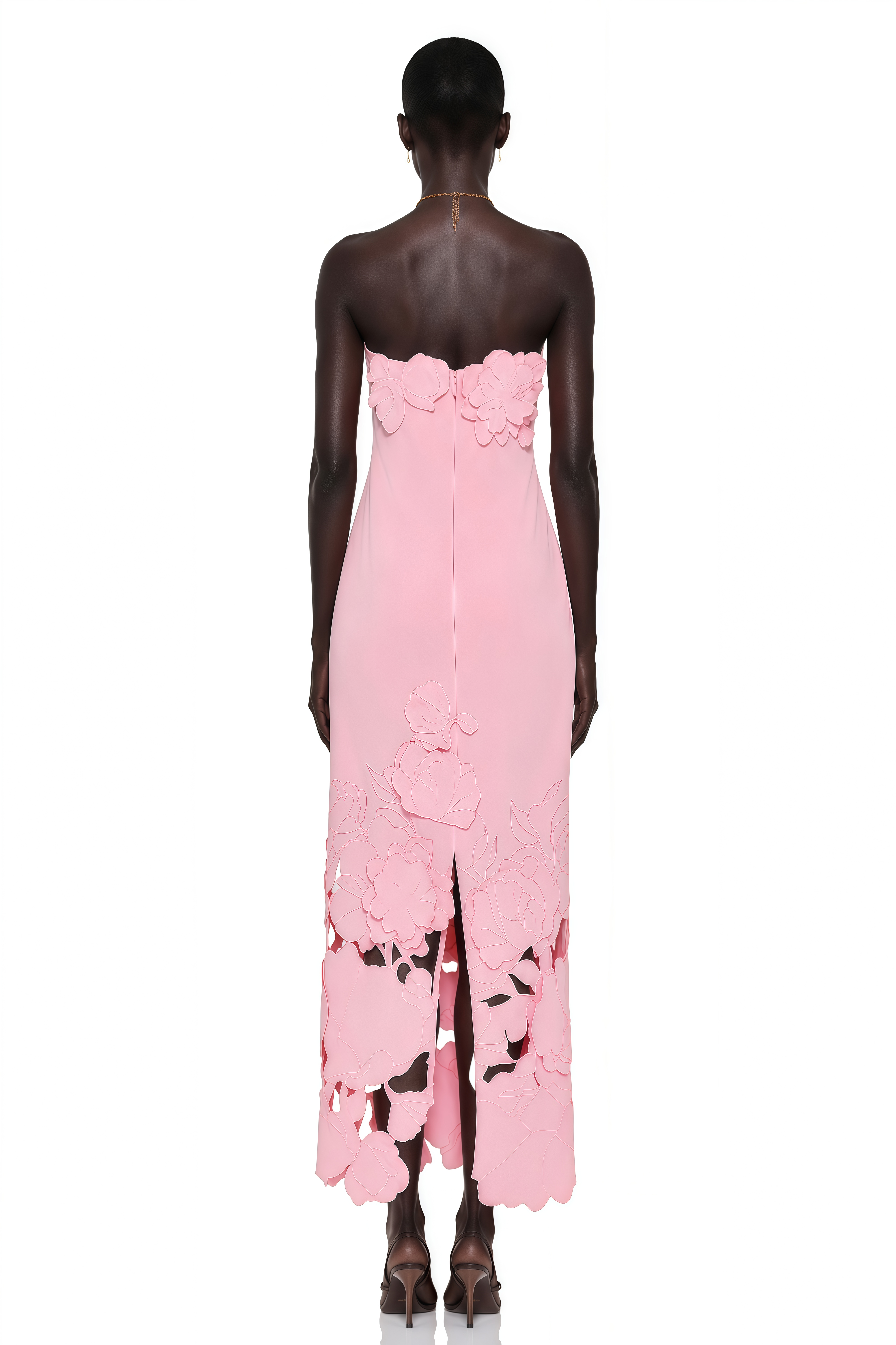 Pink strapless midi dress with a cutout floral hem
