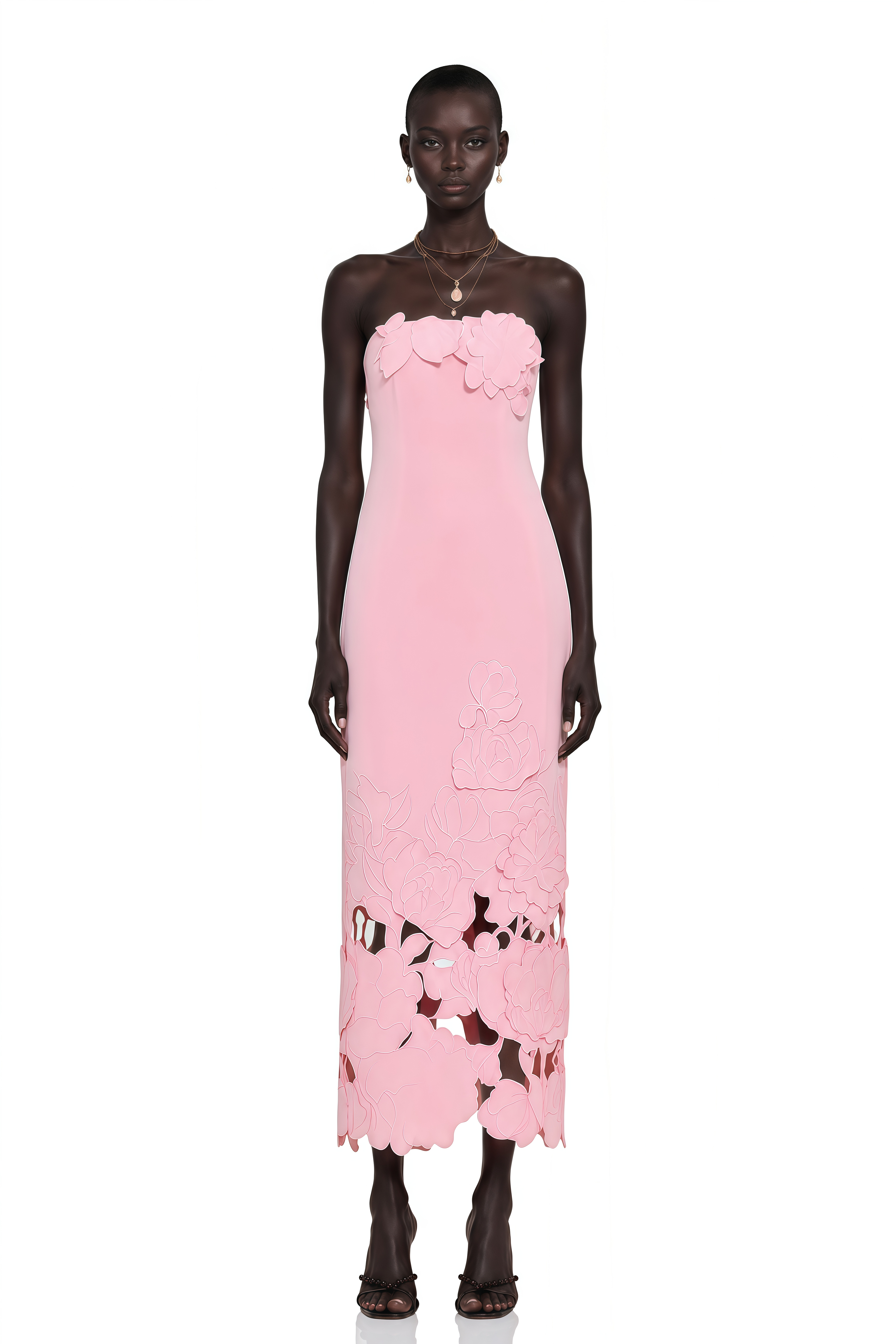 Pink strapless midi dress with a cutout floral hem