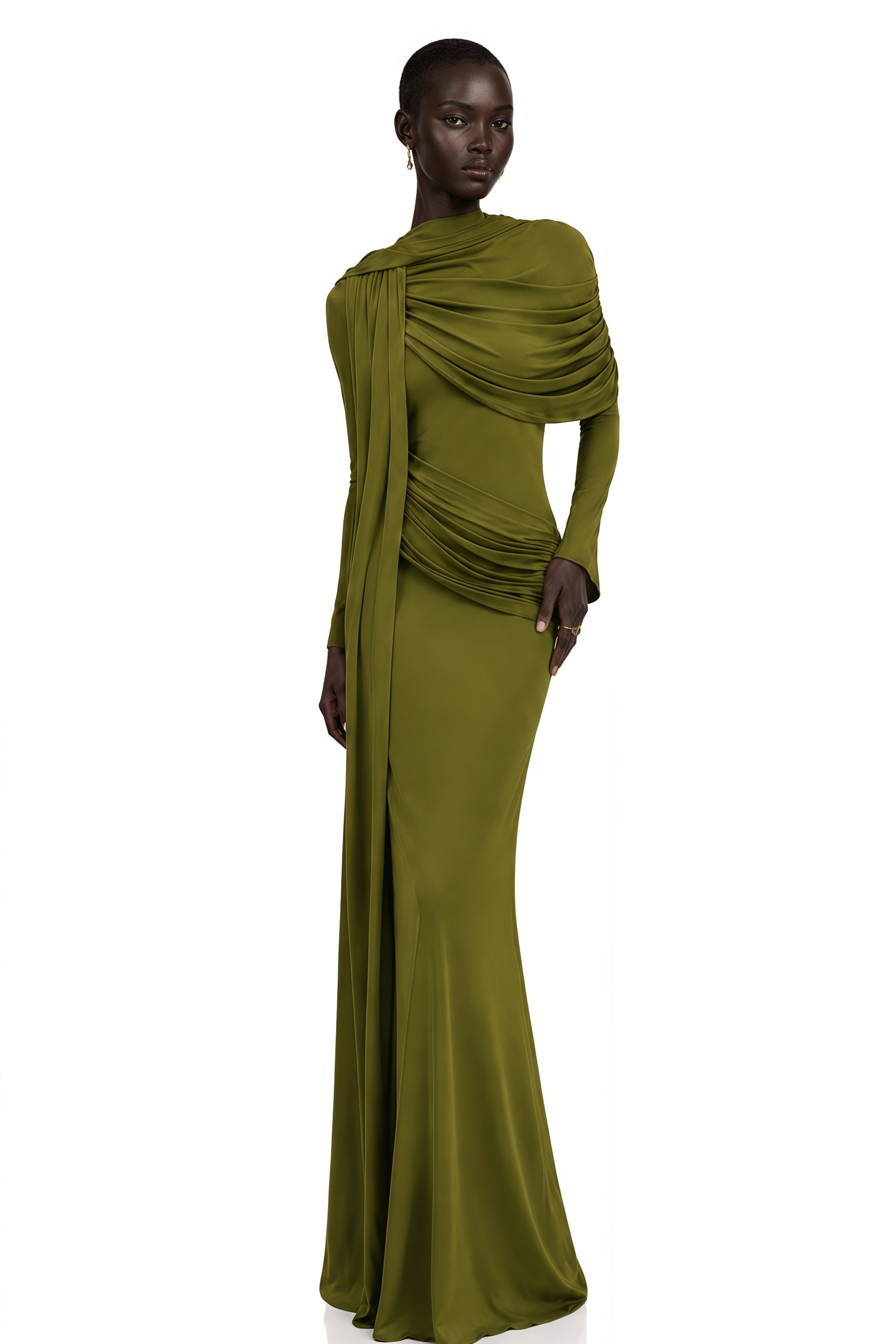 Olive green long-sleeve maxi dress with draped bodice and waist detailing
