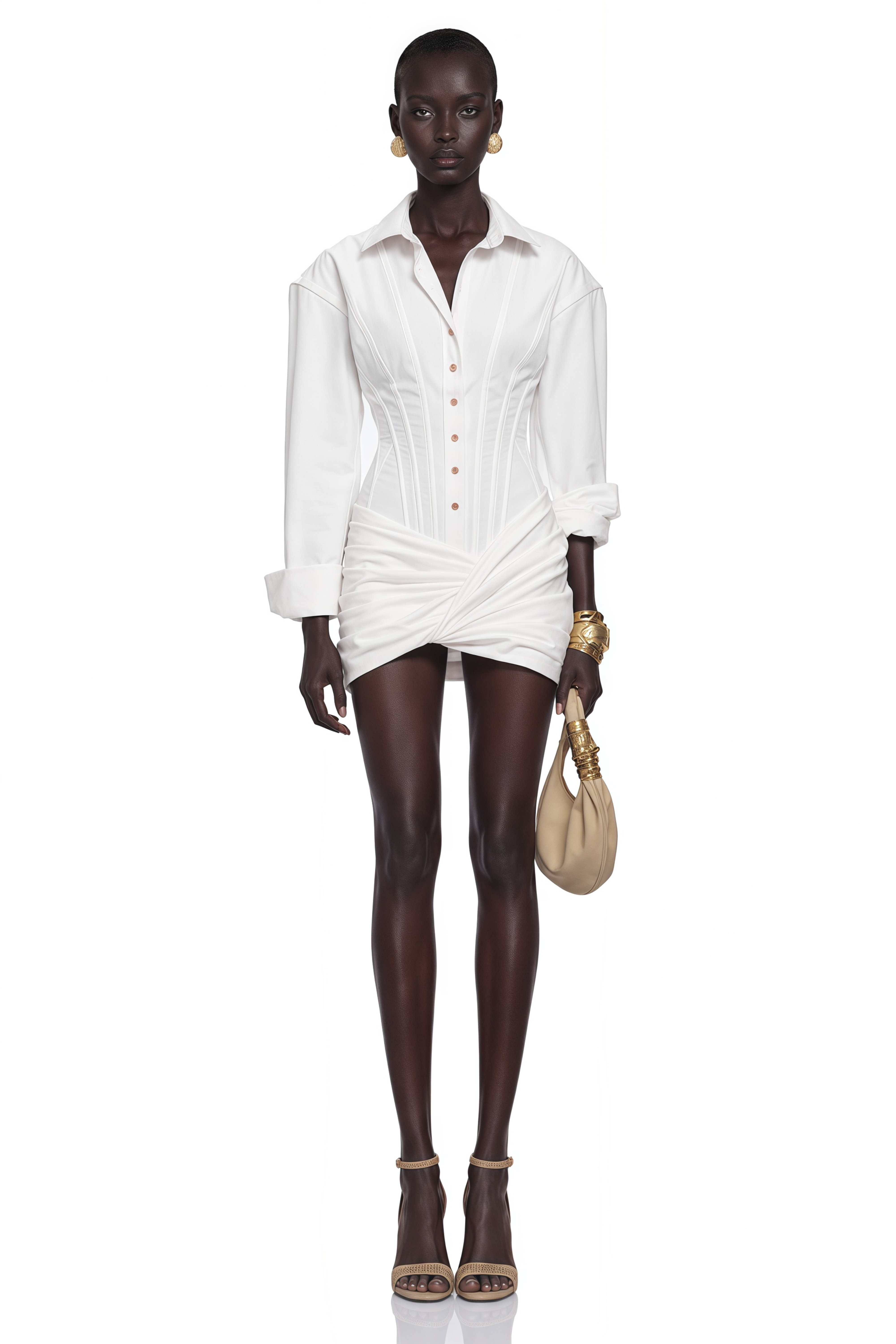 White long-sleeve corset shirt dress with a draped mini skirt