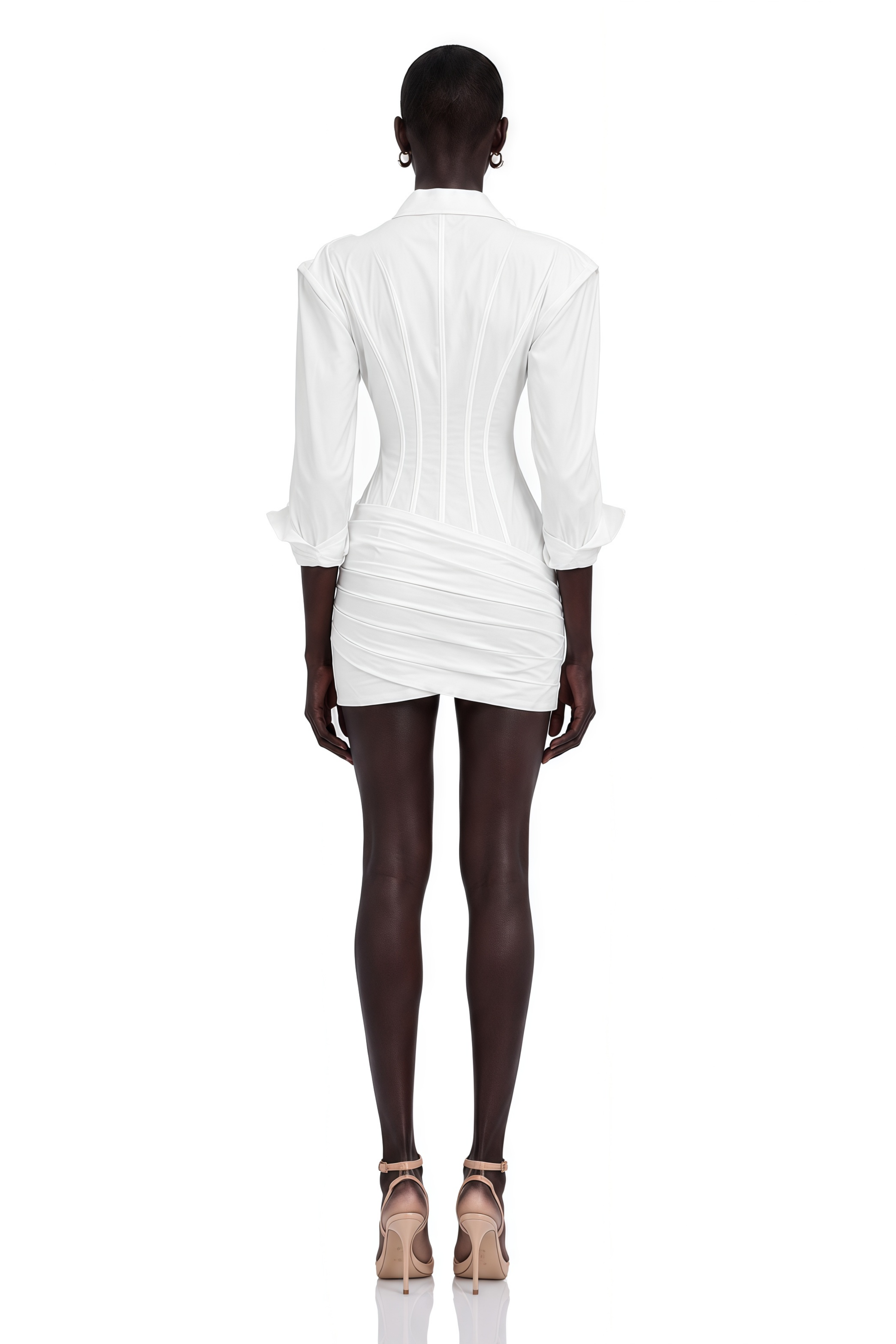 White long-sleeve corset shirt dress with a draped mini skirt