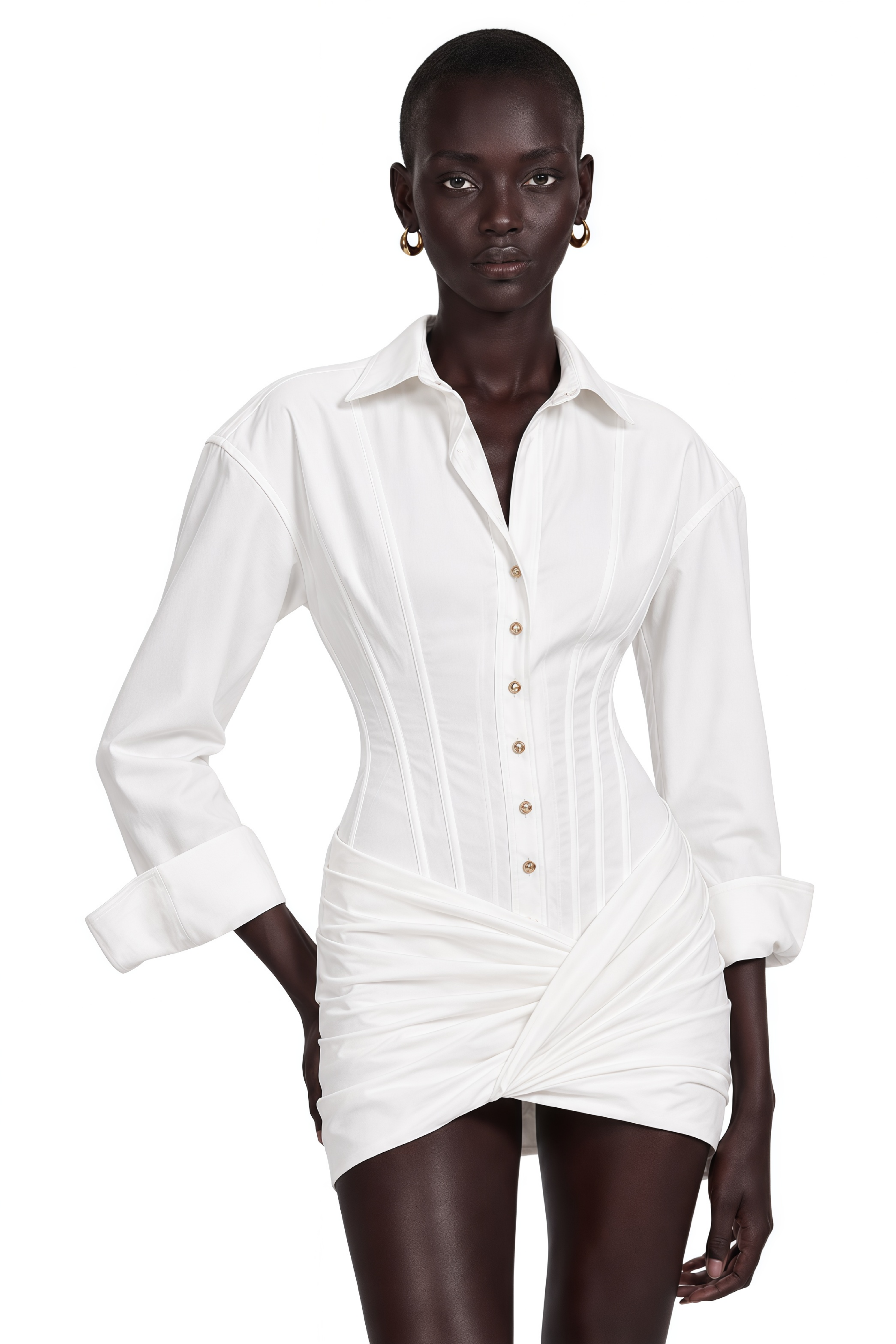 White long-sleeve corset shirt dress with a draped mini skirt