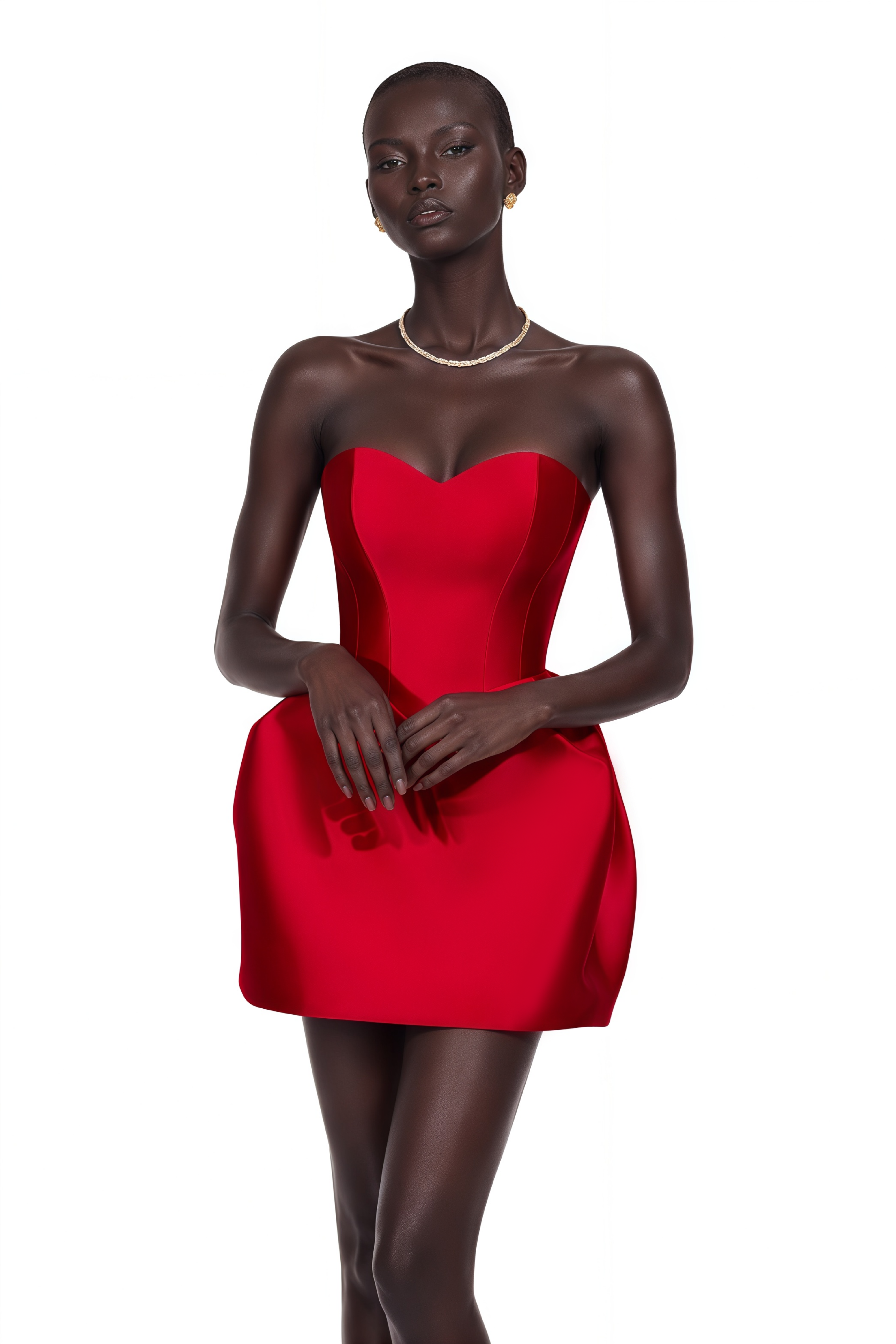 Red strapless satin mini dress with a corset bodice and structured hips