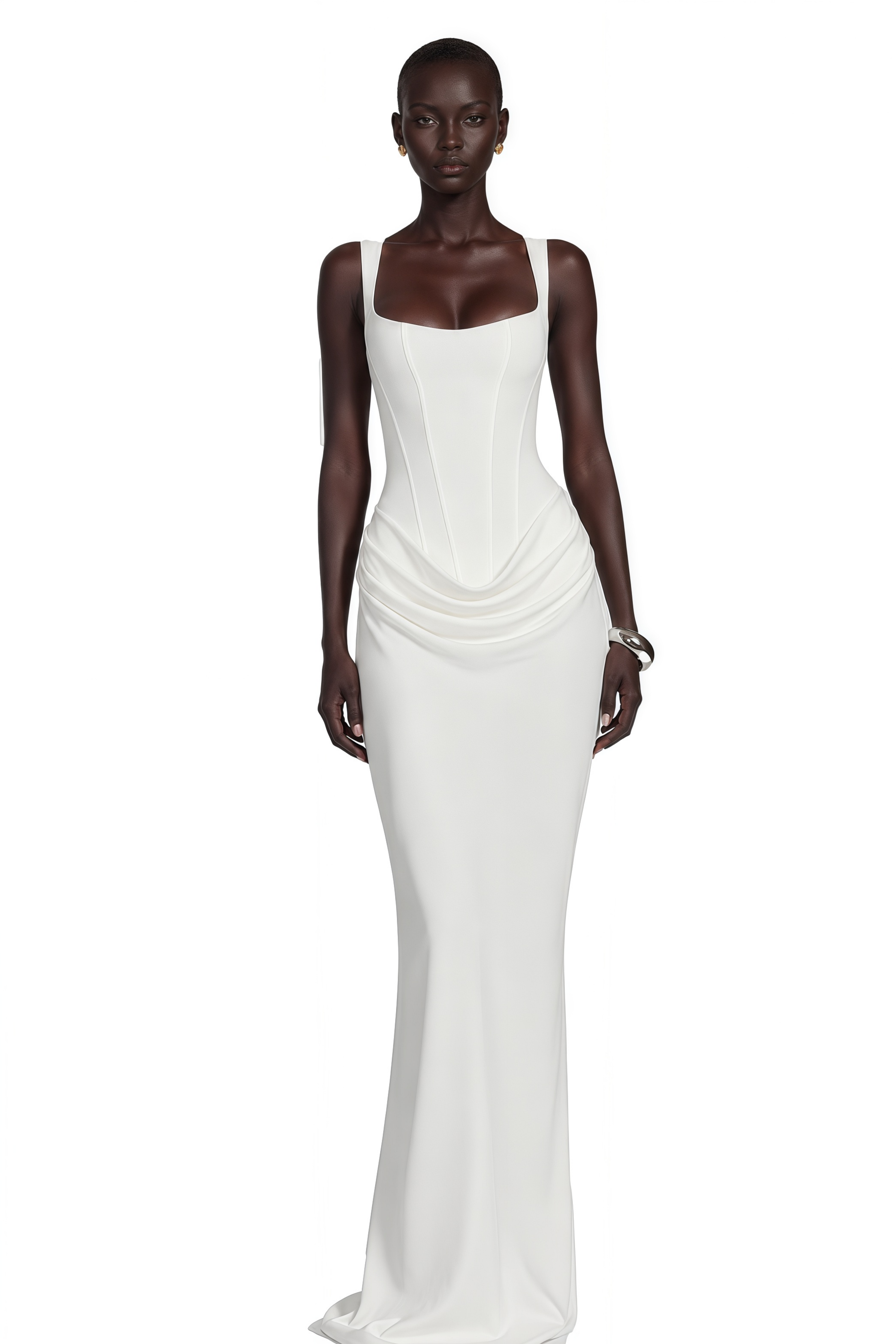 White gown with a corset bodice and a draped waist