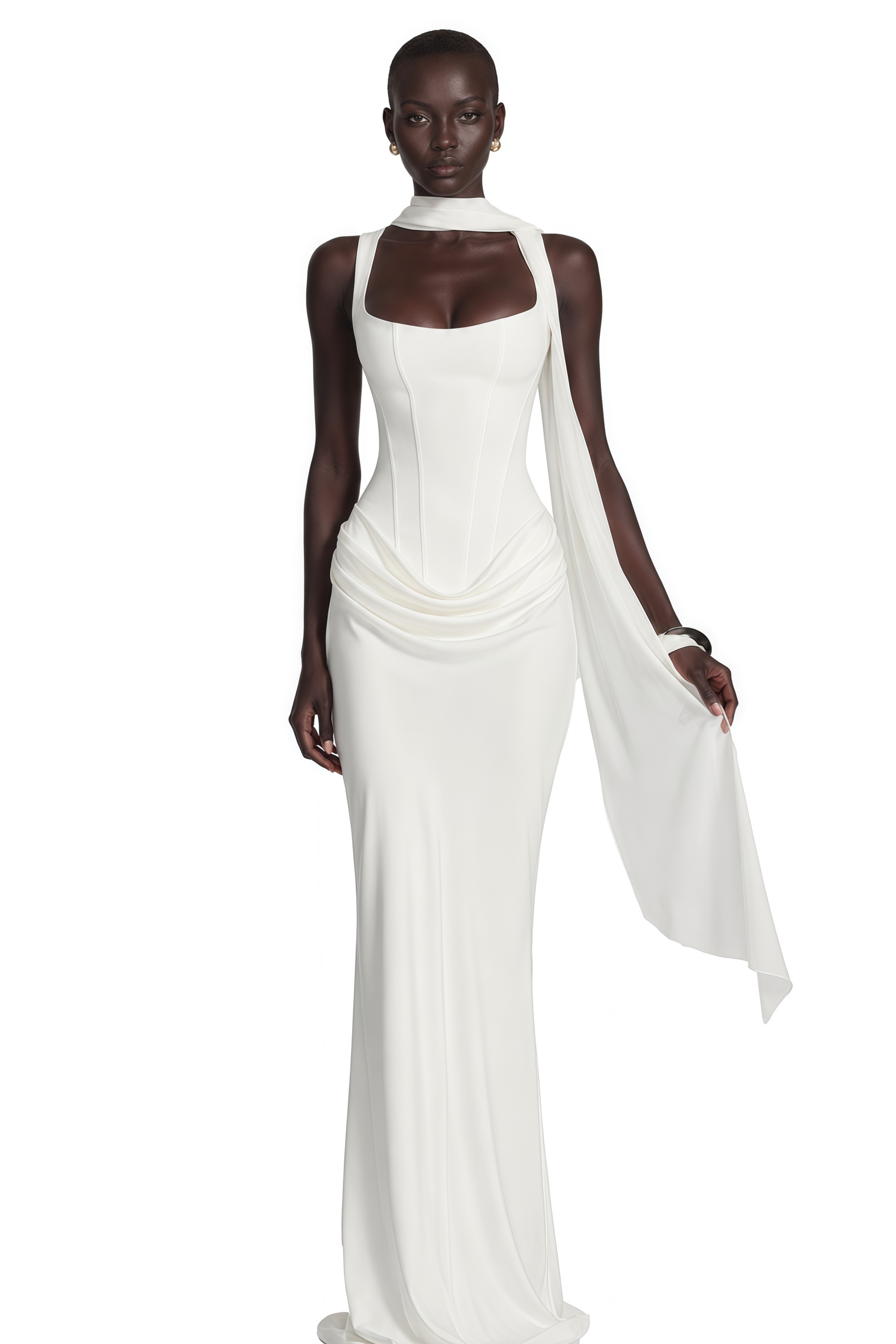 White gown with a corset bodice and a draped waist