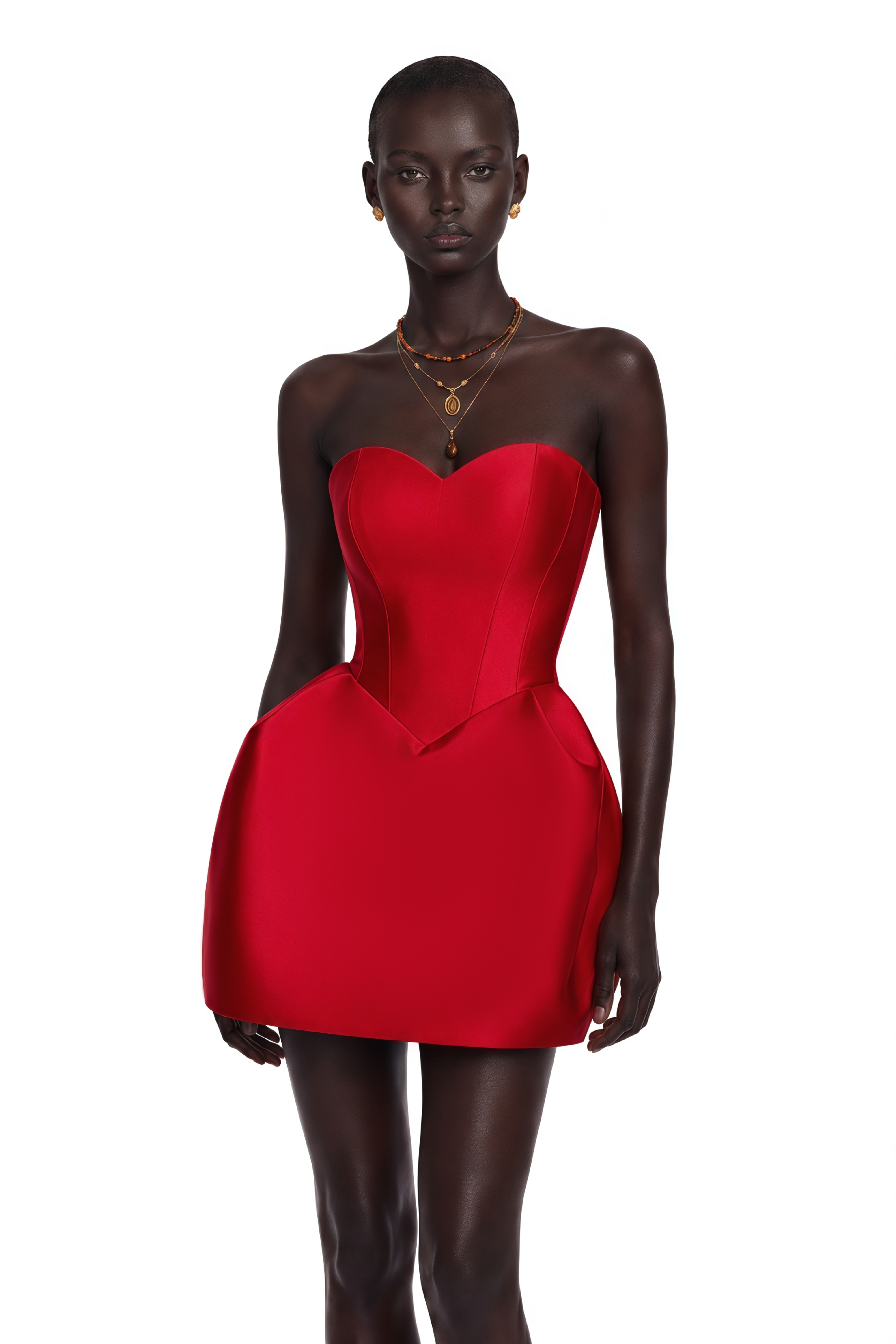 Red strapless satin mini dress with a corset bodice and structured hips