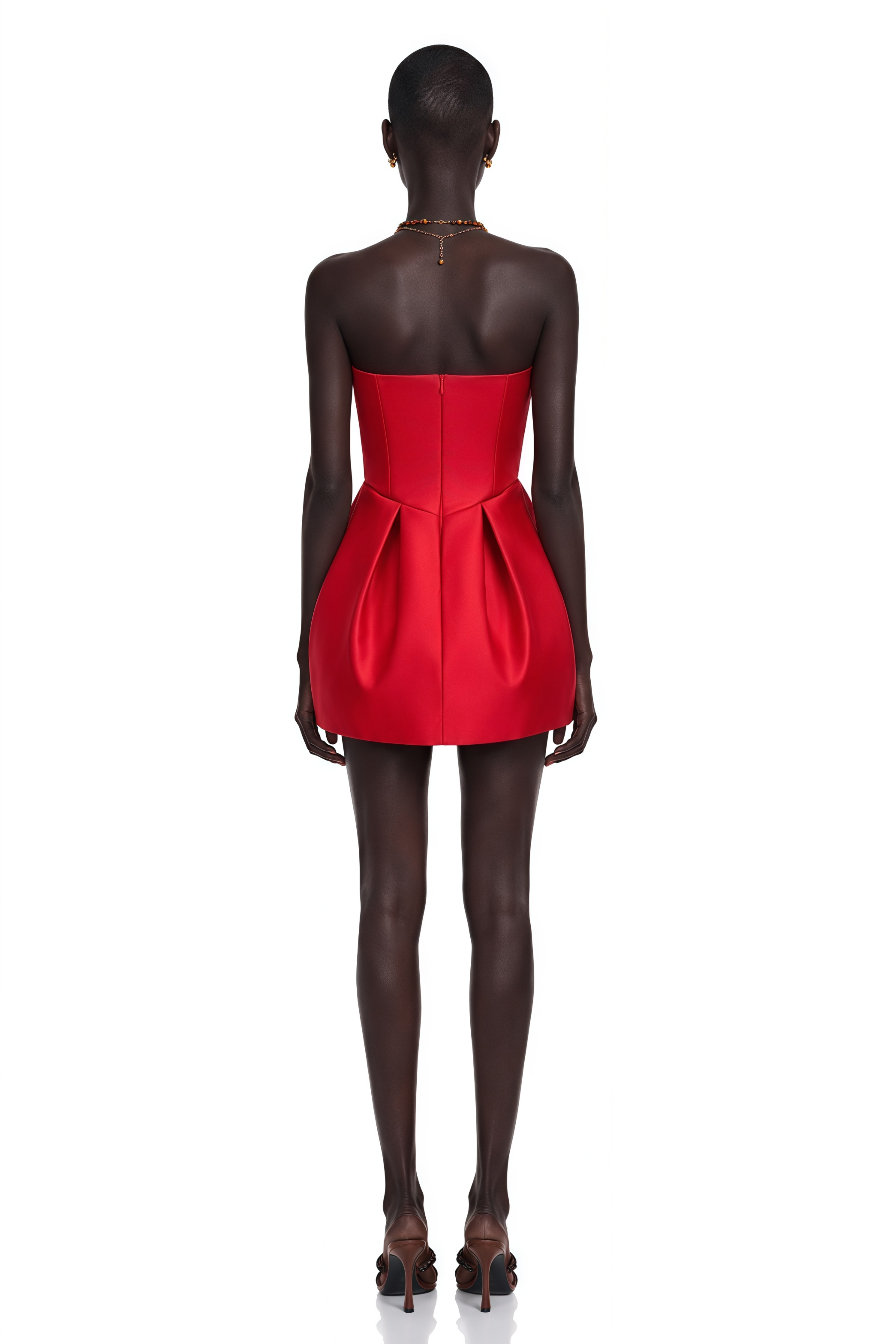 Red strapless satin mini dress with a corset bodice and structured hips