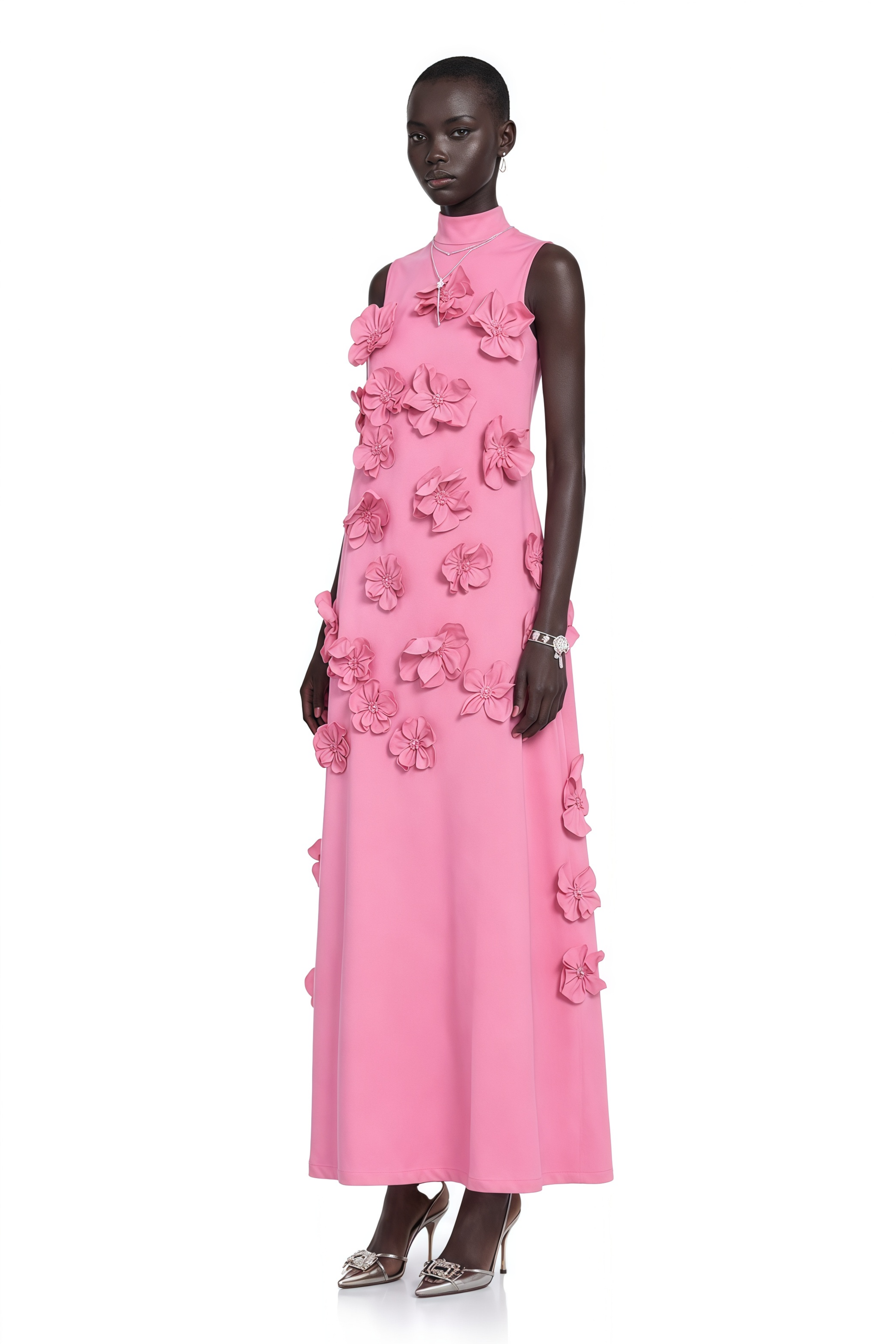 Pink sleeveless high-neck midi dress with 3D floral embellishments