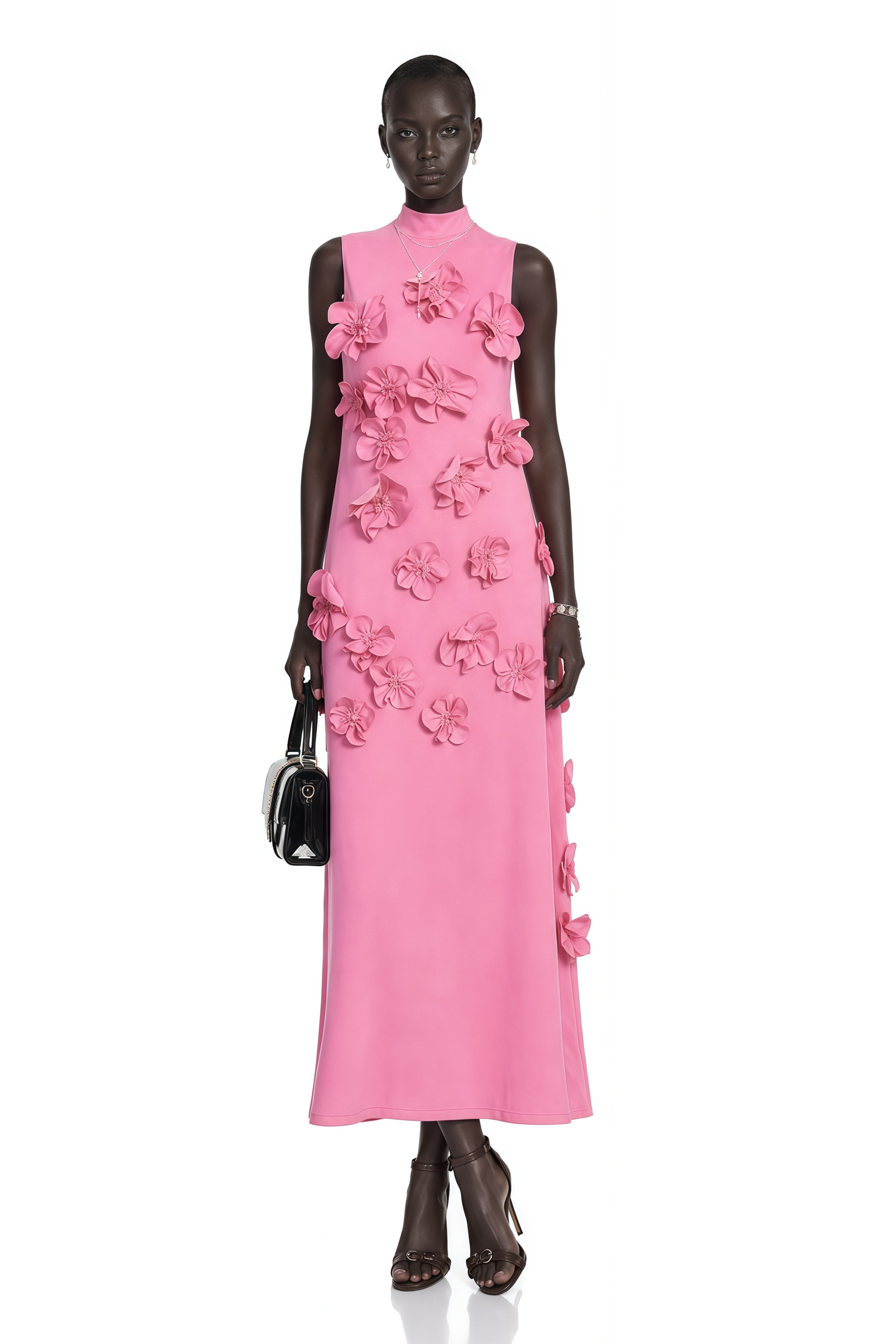 Pink sleeveless high-neck midi dress with 3D floral embellishments
