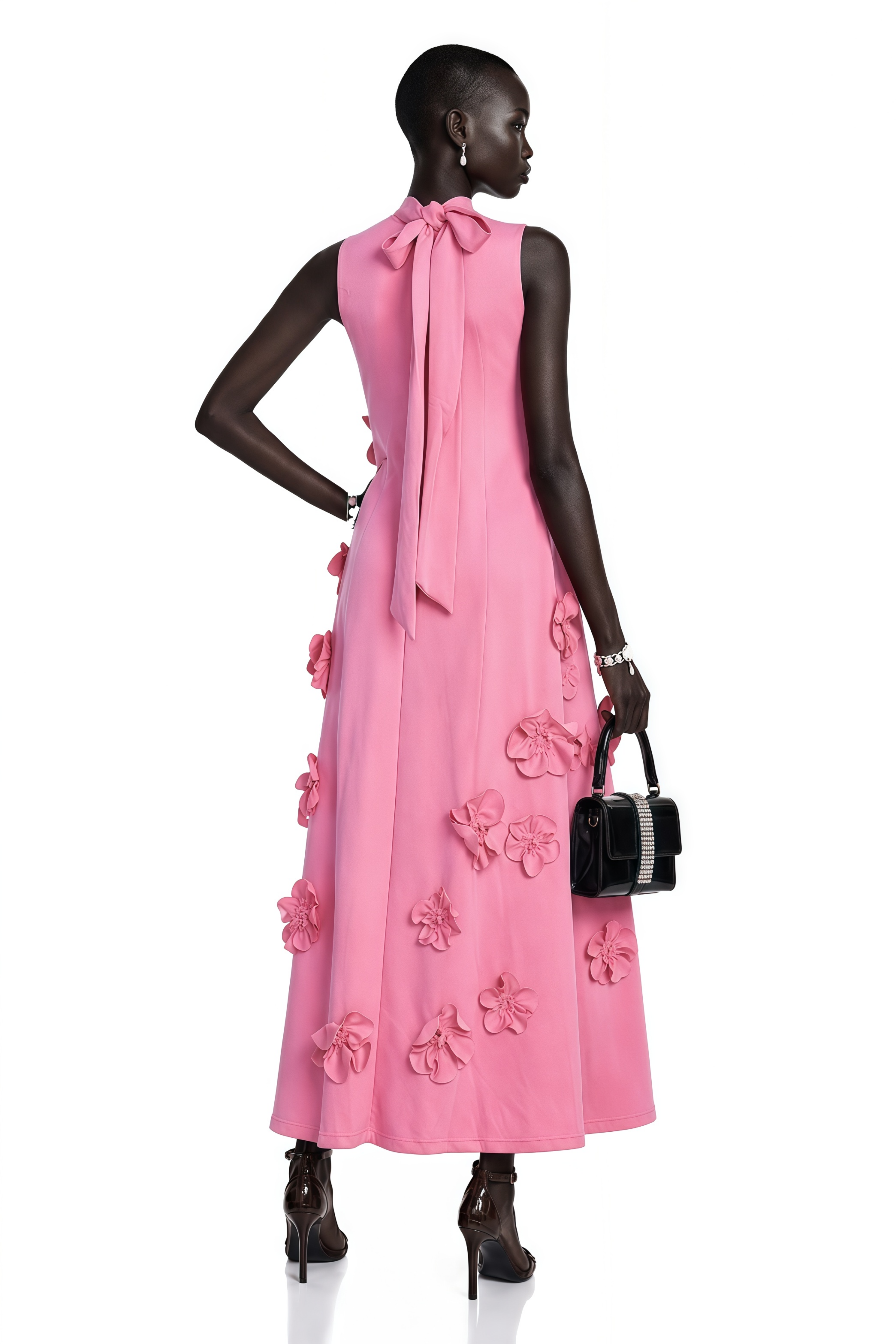 Pink sleeveless high-neck midi dress with 3D floral embellishments