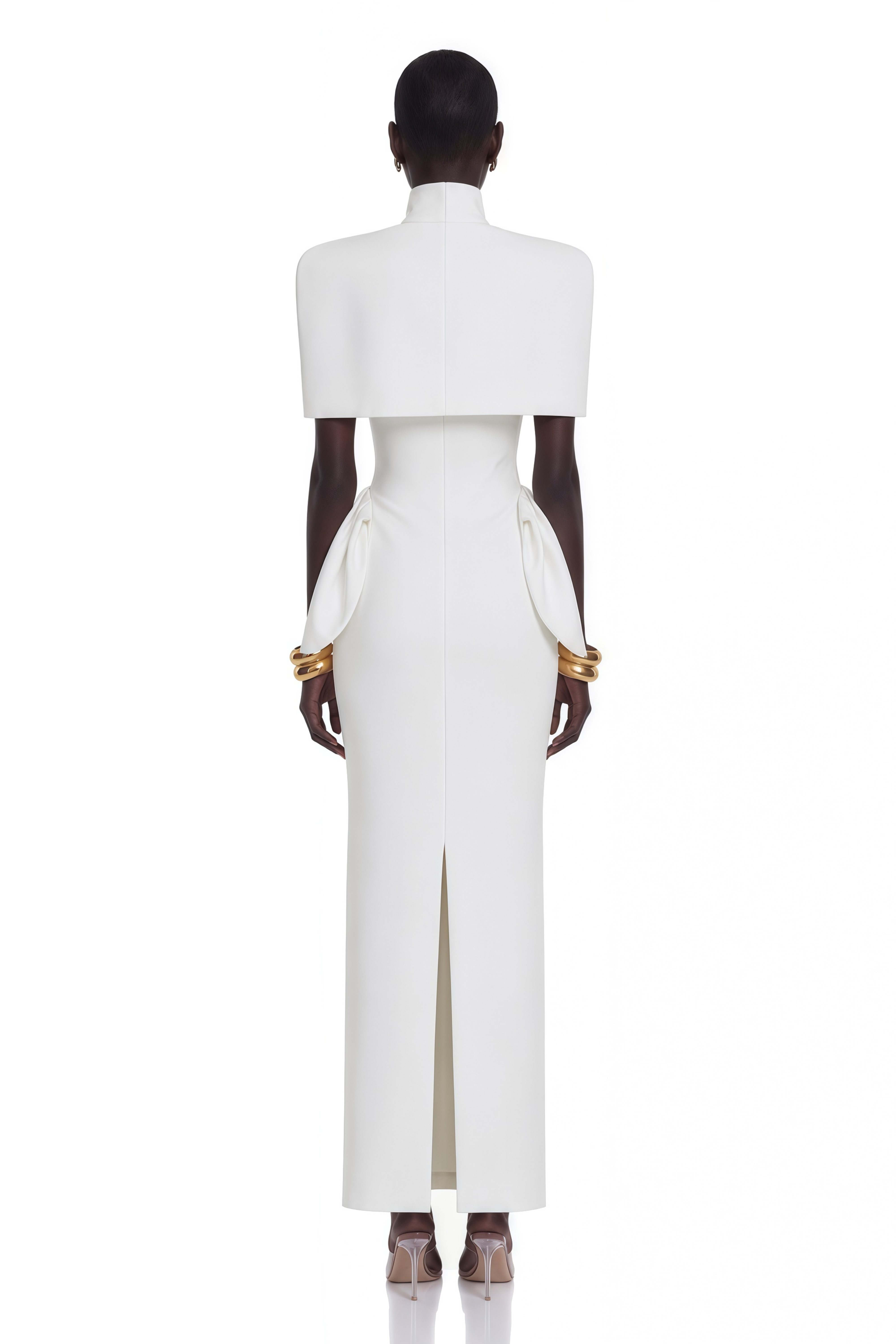 White strapless maxi dress with a draped waist