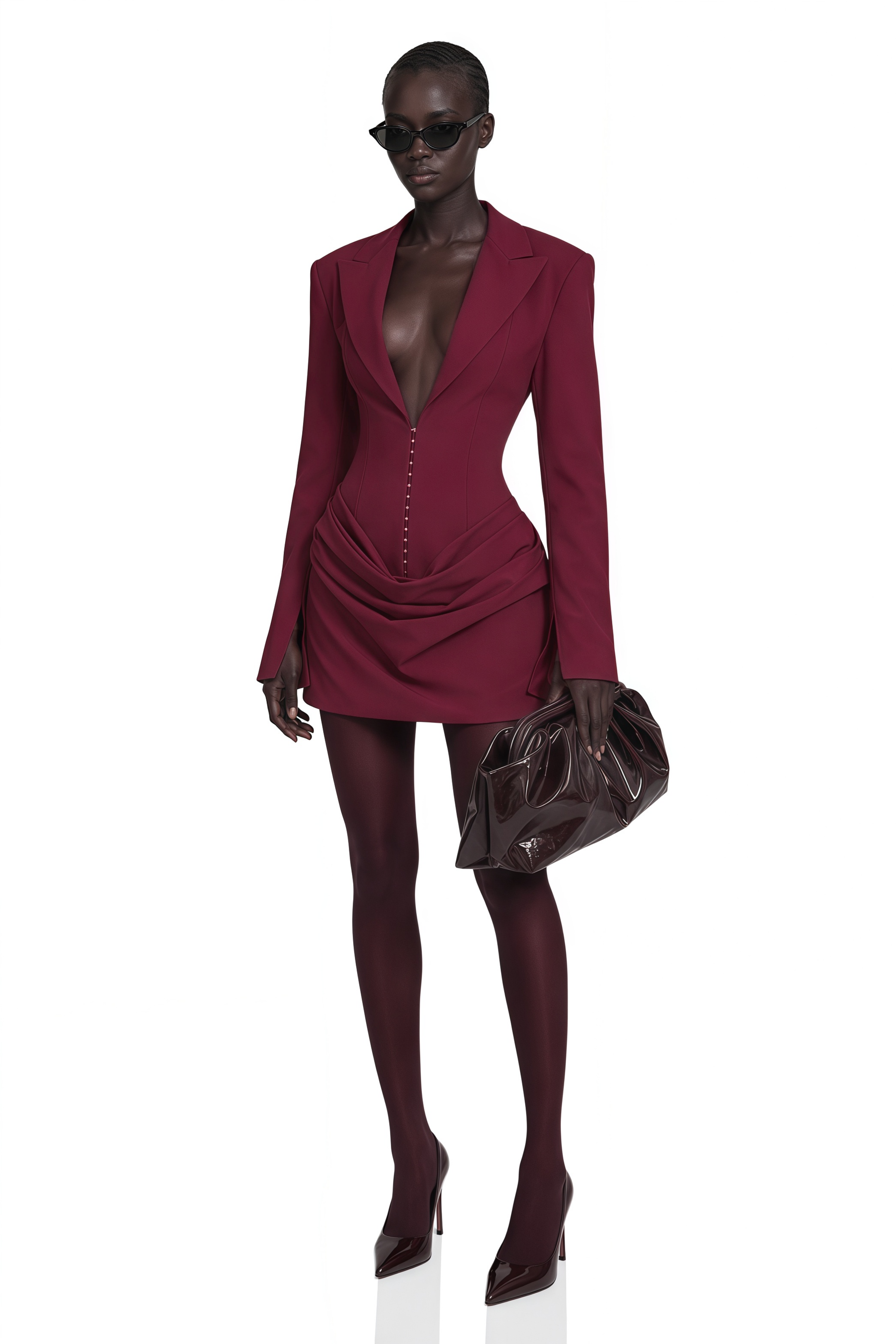 Burgundy long-sleeve blazer mini dress with a draped skirt