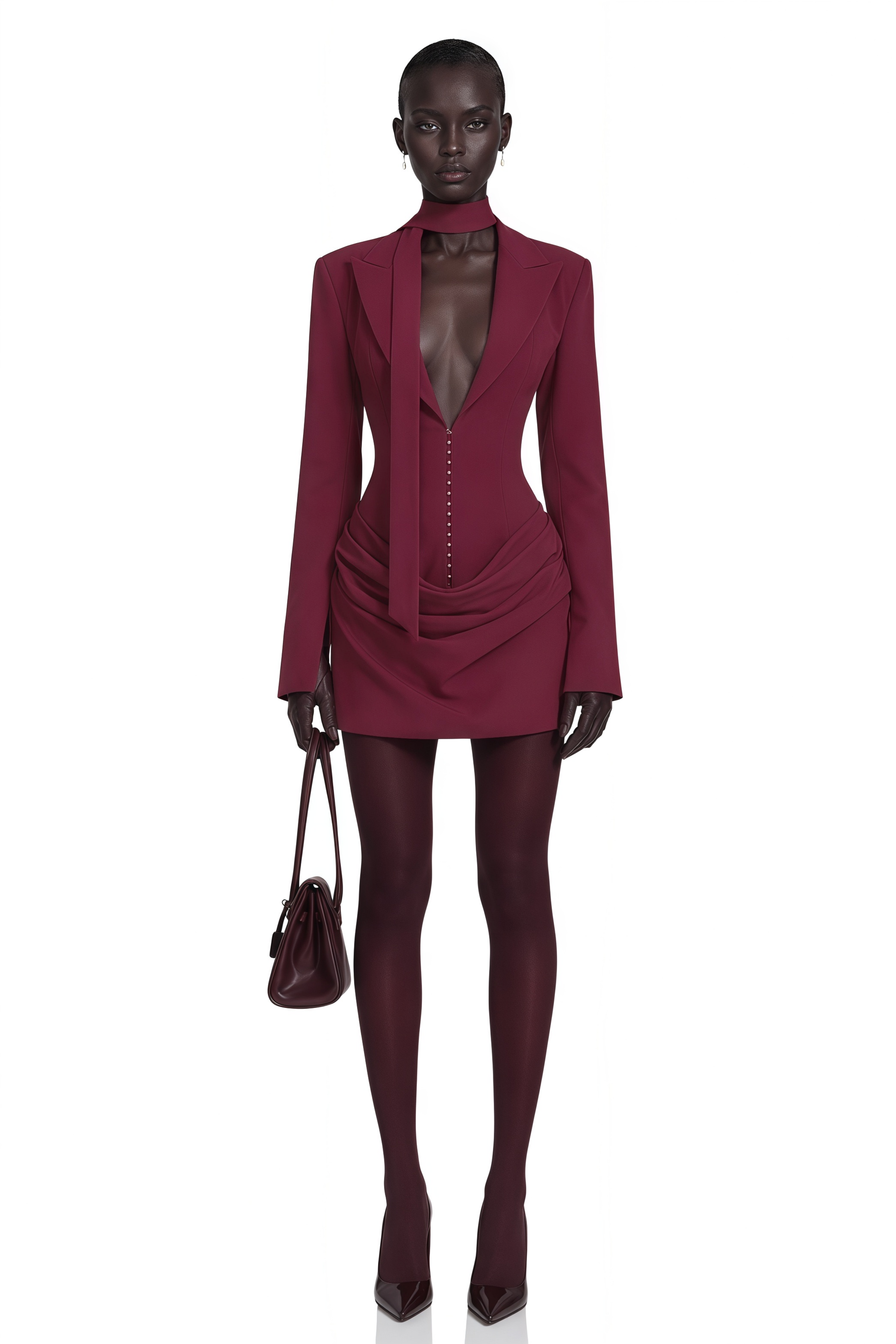 Burgundy long-sleeve blazer mini dress with a draped skirt
