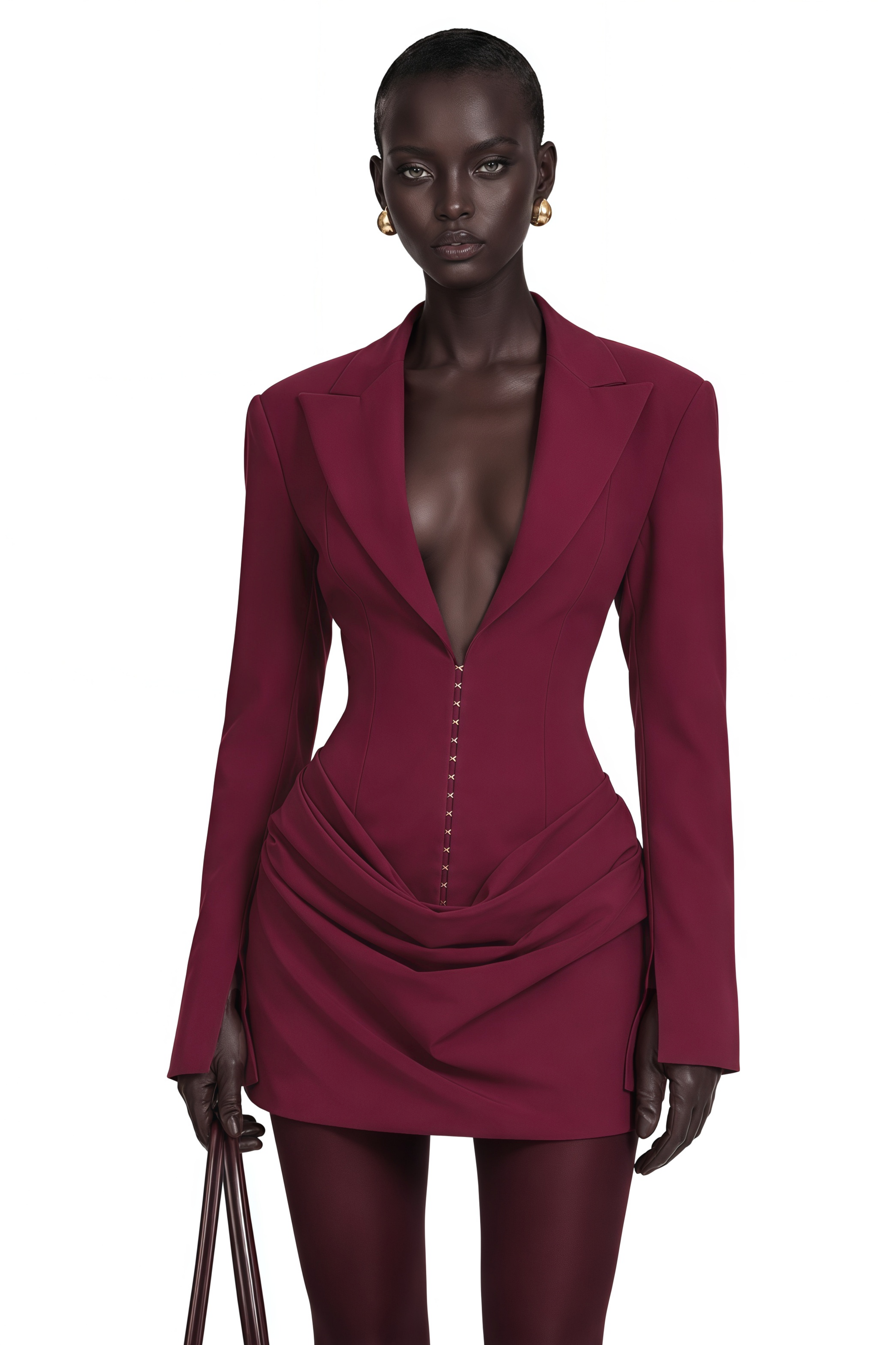 Burgundy long-sleeve blazer mini dress with a draped skirt