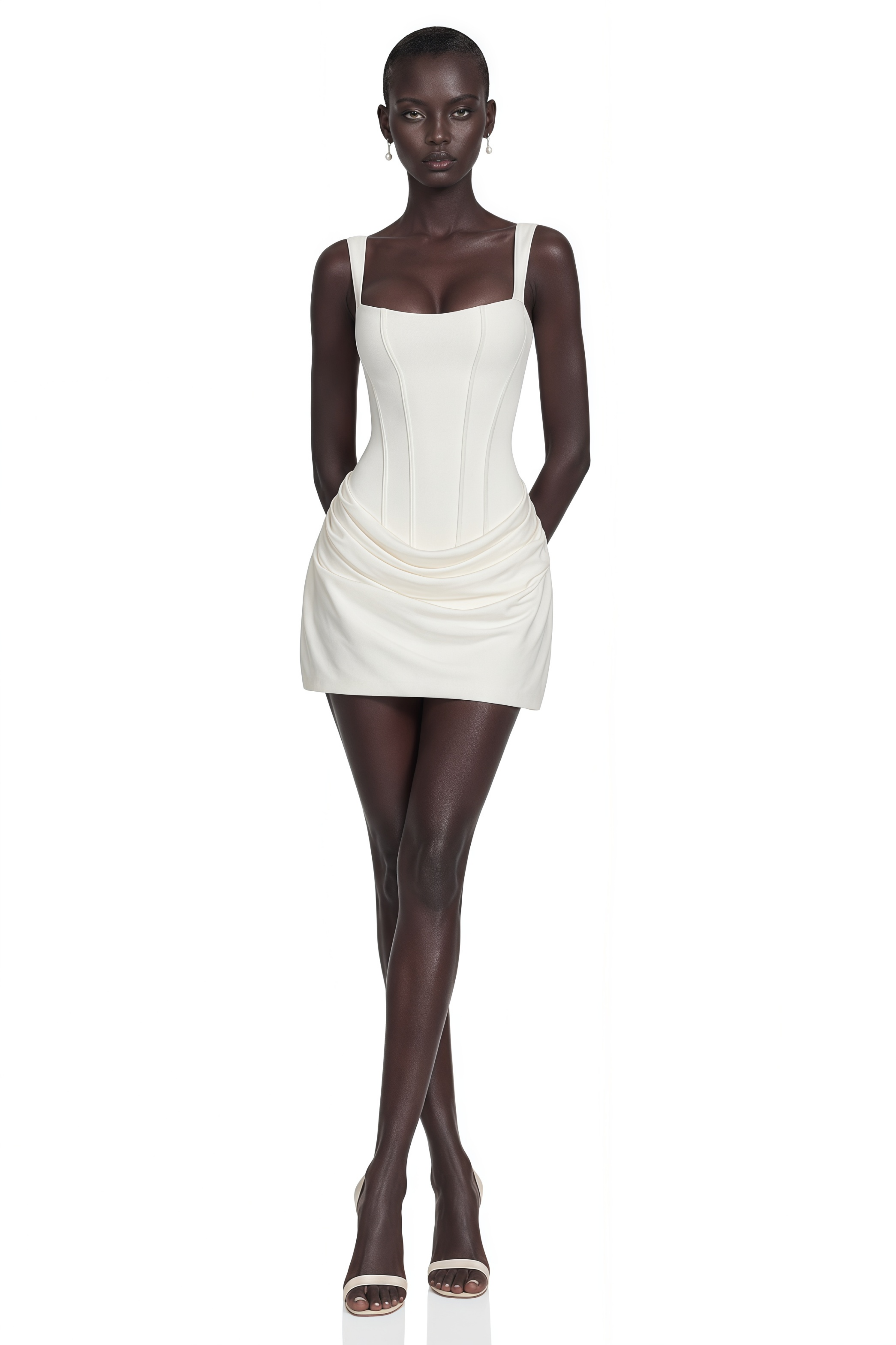 White corset mini dress with a draped skirt