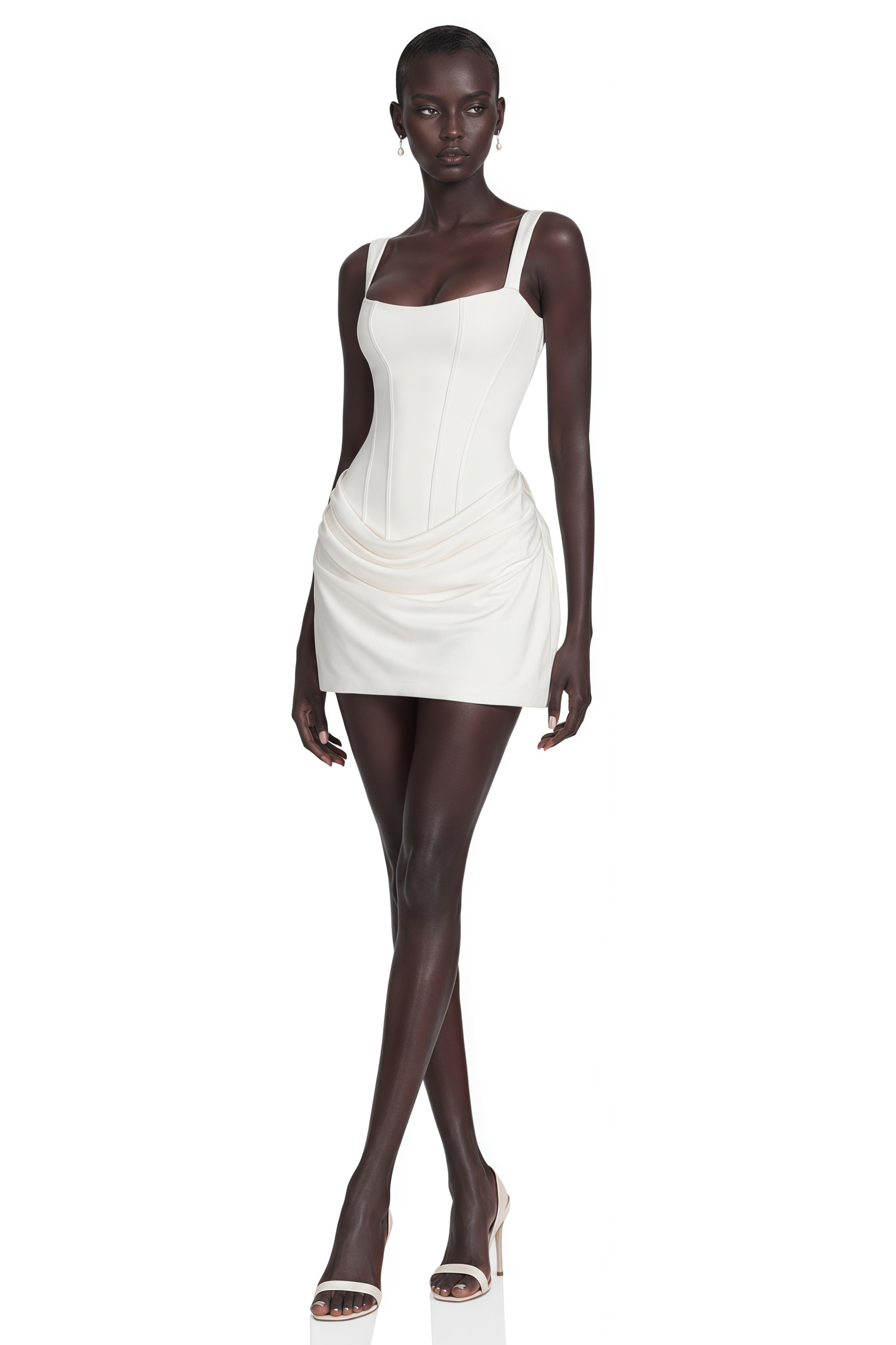 White corset mini dress with a draped skirt