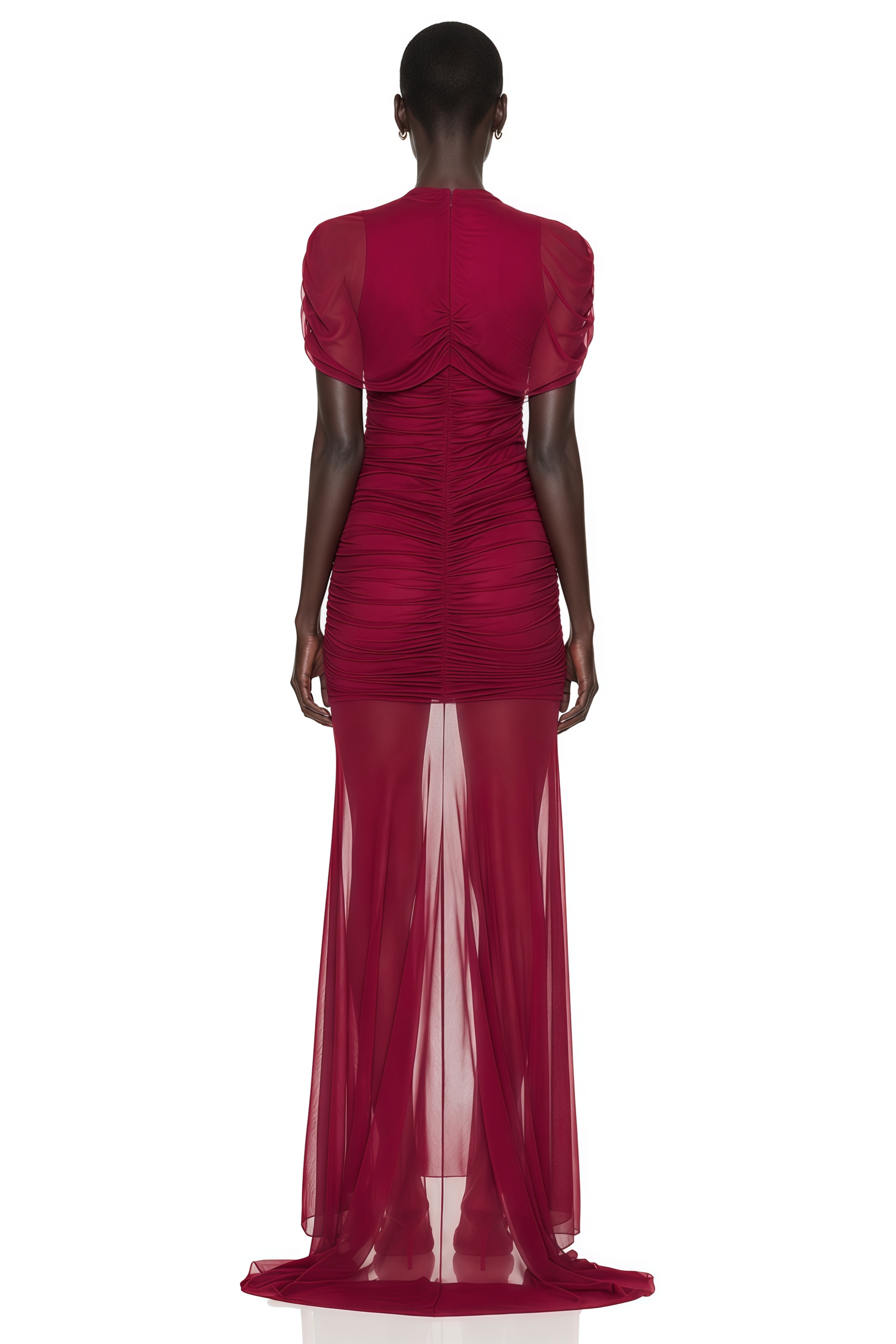 Burgundy ruched gown with a draped high neckline and sheer skirt