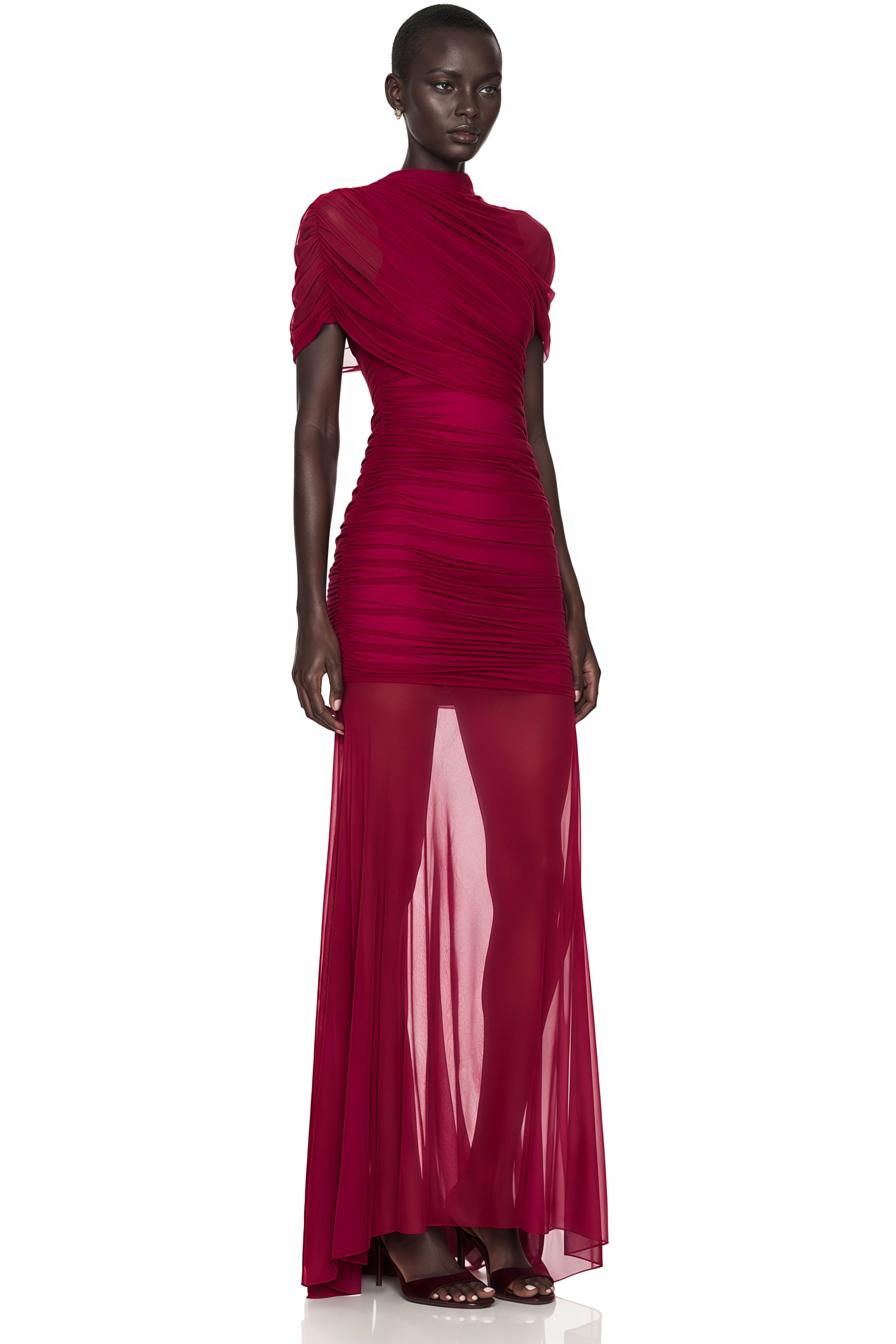 Burgundy ruched gown with a draped high neckline and sheer skirt