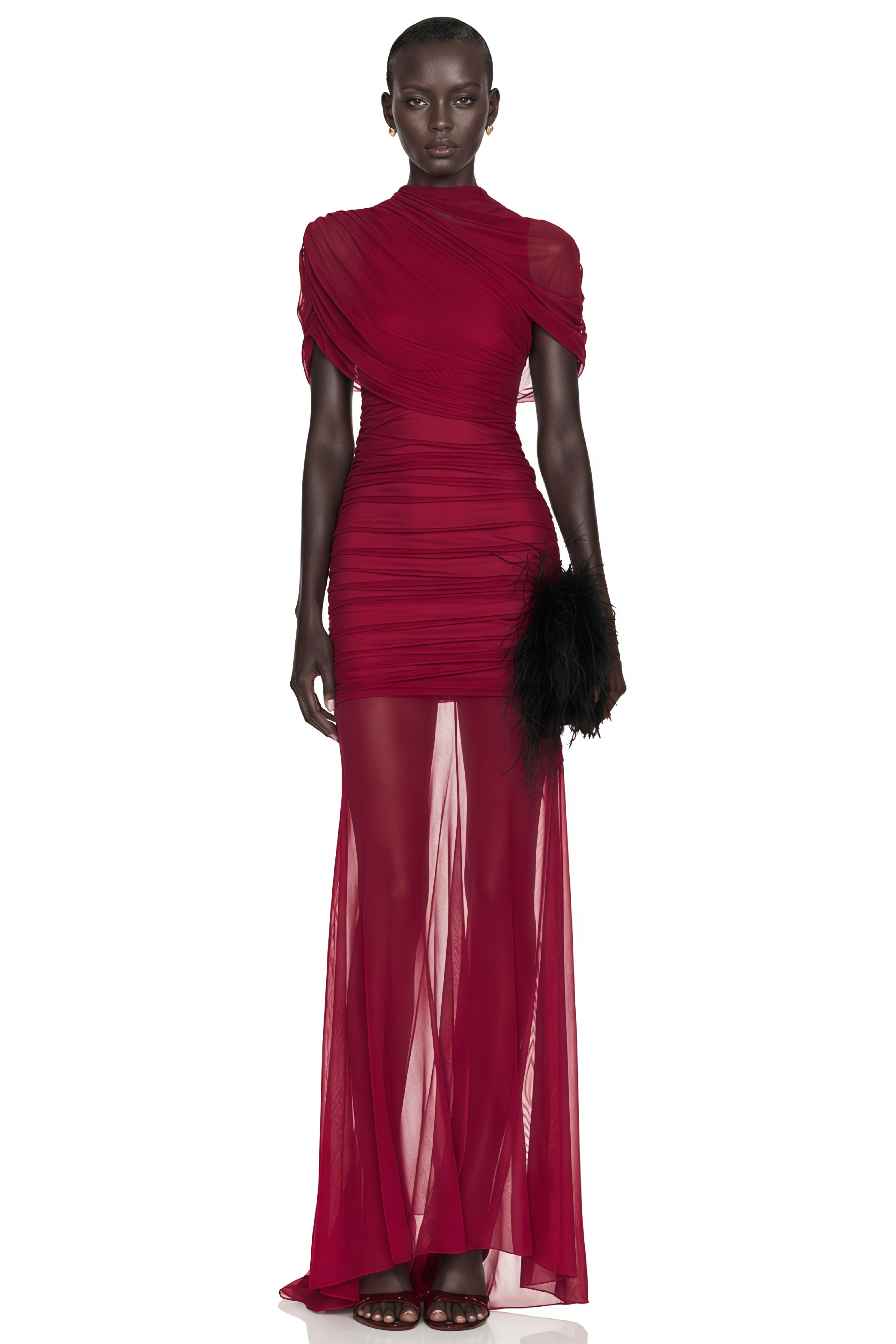 Burgundy ruched gown with a draped high neckline and sheer skirt