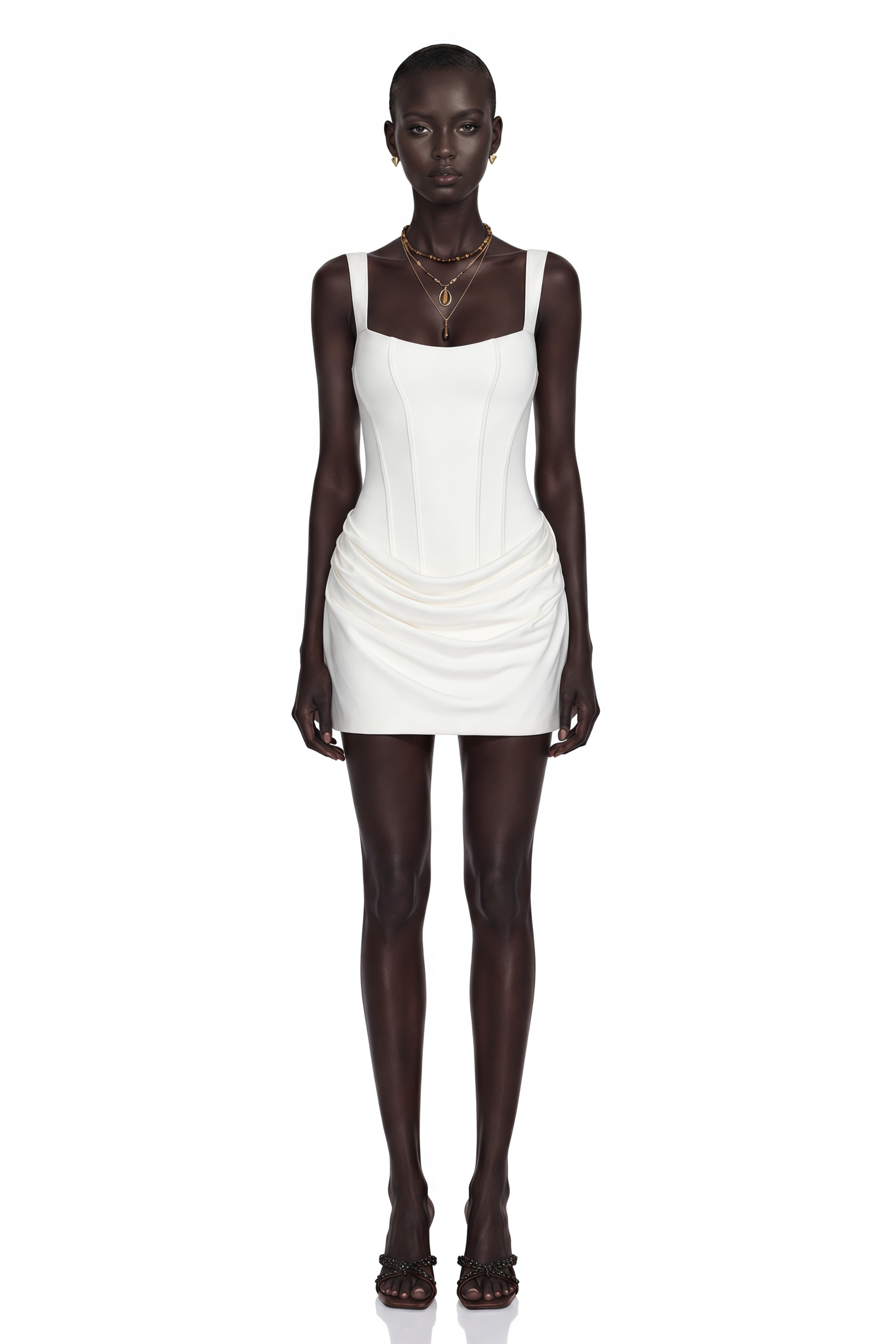 White corset mini dress with a draped skirt